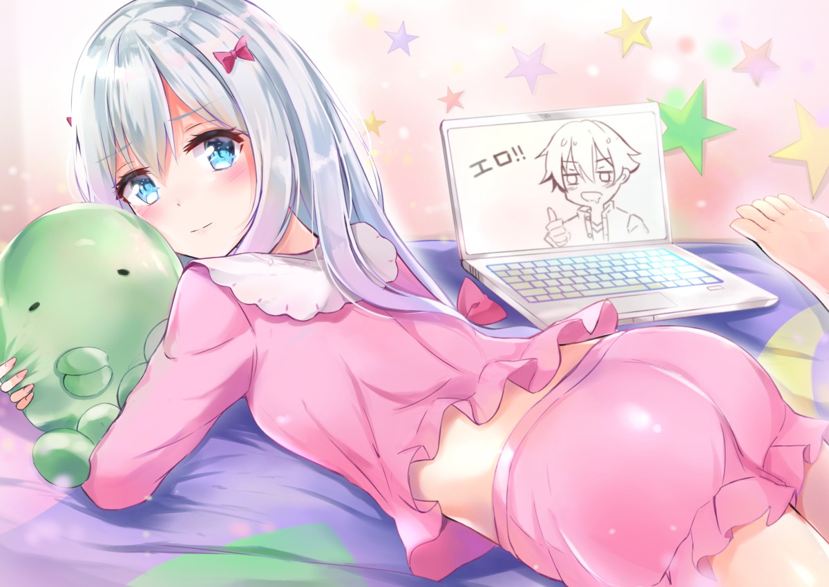 1boy, 1girls, ass, barefoot, bed, bedroom, cute, cyan eyes, embarrassed, eromanga sensei, female, hair ribbon, human, izumi sagiri, laptop, looking at viewer, lying on bed, lying on stomach, male, pink clothes, pink fingernails, stuffed animal, white hair