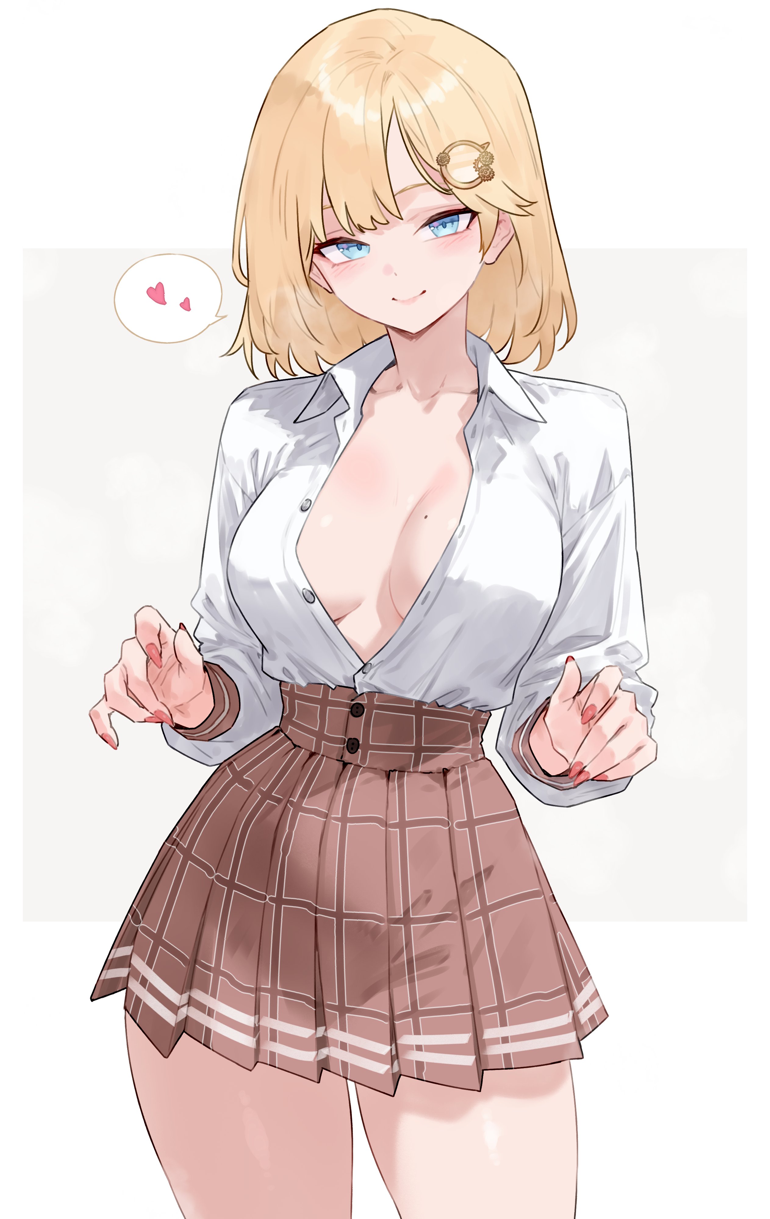 1girls, blonde hair, blue eyes, bluefield, blush, breasts, cleavage, clothed, clothing, collared shirt, female, female only, hair ornament, heart, hololive, hololive english, hololive myth, hourglass figure, looking at viewer, medium breasts, miniskirt, nail polish, no bra, painted fingernails, painted nails, plaid skirt, shirt, short hair, short skirt, skirt, slim waist, standing, unbuttoned, unbuttoned shirt, virtual youtuber, watson amelia, white background