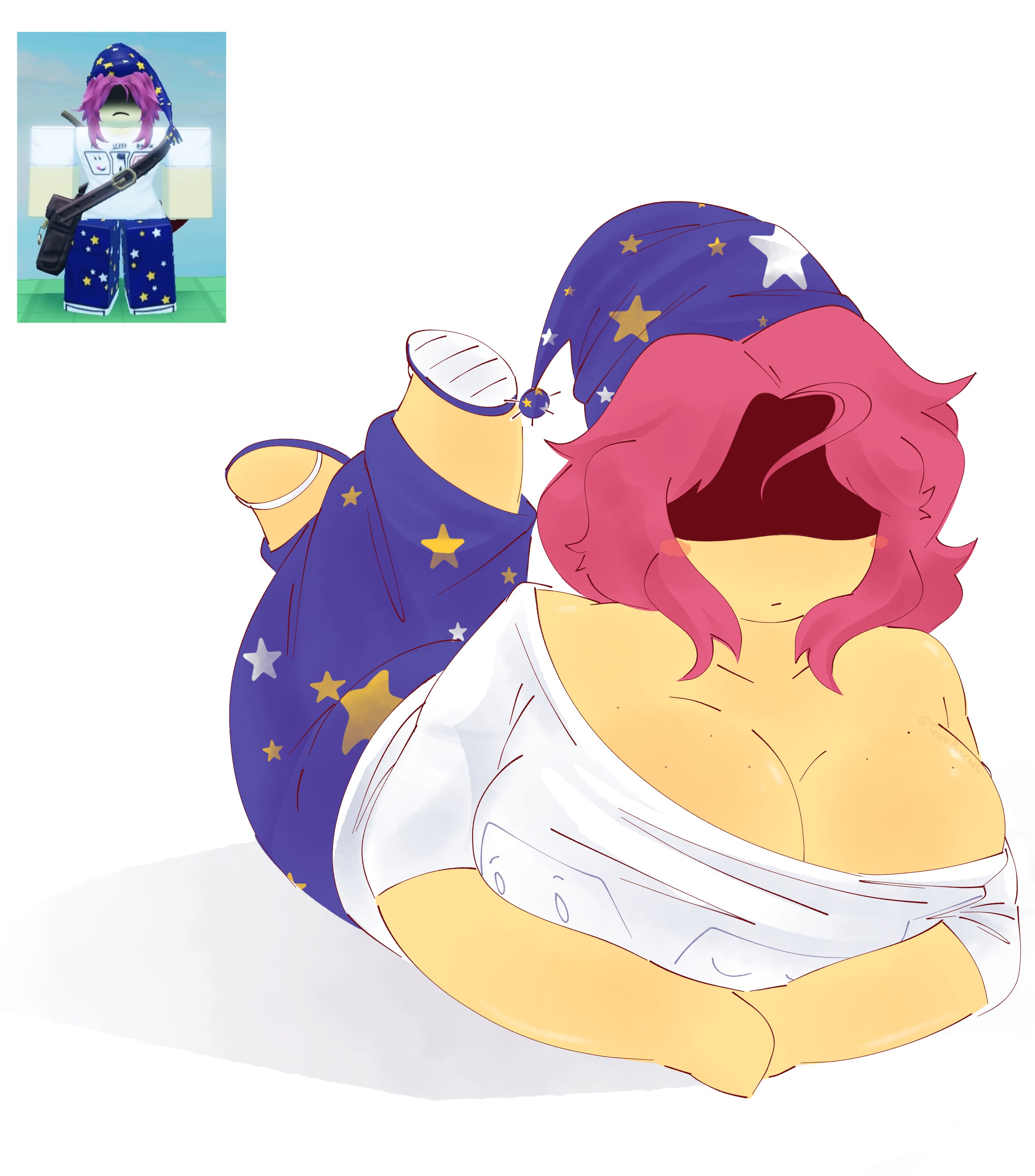 1girls, big breasts, blue pajamas, blue pants, breasts, breasts focus, chubby, chubby female, cleavage, eyes covered by shadow, forsaken (roblox), huge breasts, jane doe (forsaken), jane doe (roblox), large breasts, laying down, laying on stomach, loose shirt, neutral expression, night cap, no sex, official alternate costume, oversized clothes, oversized shirt, pajama pants, pajama shirt, pajamas, pink hair, purple hair, reference image, roblox, roblox game, robloxian, sandals, shadowed eyes, short hair, swinging legs, tagme (artist), white shirt, yellow skin, yellow skinned female