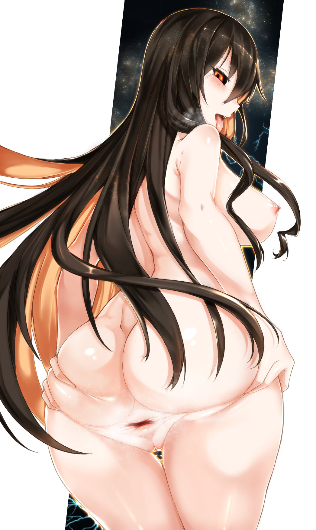 1girls anus areolae ass back big_ass black_hair black_hole black_sclera blush breasts electricity female from_behind hair_between_eyes heavy_breathing highres large_ass large_breasts long_hair looking_at_viewer looking_back m87_black_hole multicolored_hair nipples nude open_mouth orange_eyes orange_hair original personification presenting puffy_nipples pussy sideboob smile solo space spread_anus spread_ass thigh_gap tongue tongue_out two-tone_hair uncensored very_long_hair white_background