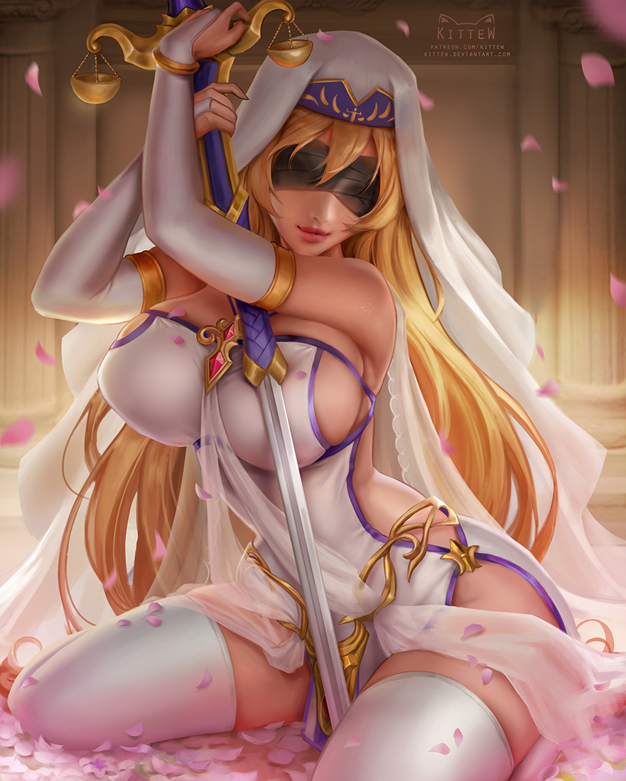 1girls armpits bare_shoulders big_ass big_breasts blind blindfold blindfolded breasts cleavage clothed deviantart dress female female_only goblin_slayer holding huge_breasts kittew kneeling large_ass large_breasts looking_down patreon petals pose scales see-through sideboob sitting smile solo sword sword_maiden_(goblin_slayer) thick_thighs thighhighs thin_waist url watermark weapon white_thighhighs wide_hips