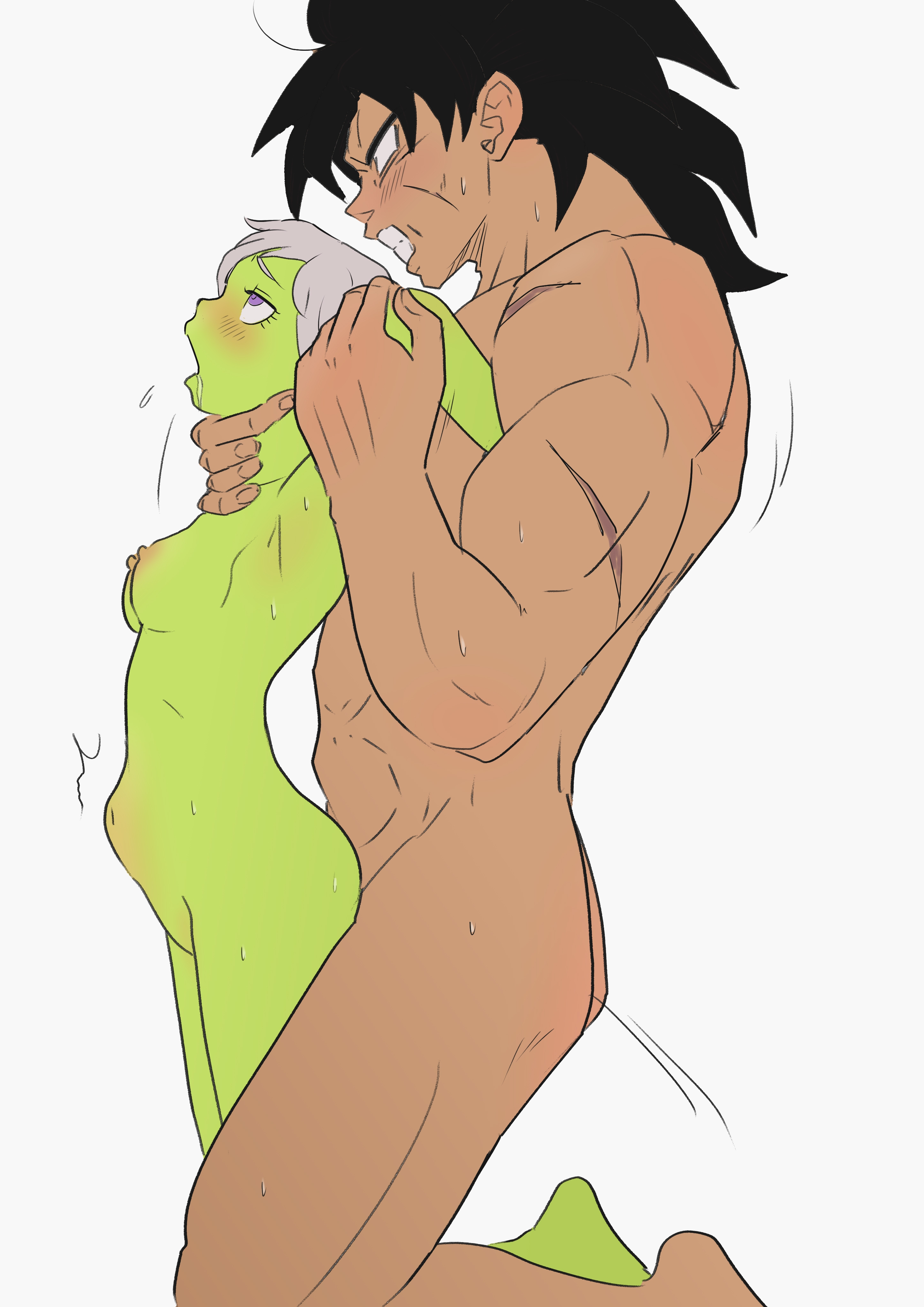 1boy, 1girls, ahe gao, ambiguous penetration, arms above head, arms behind head, arms held back, arms up, black hair, breasts, broly, broly (dragon ball super), bulge, bulging belly, cheelai, choking, choking while penetrating, completely nude, completely nude female, completely nude male, dominant, dominant male, dragon ball, dragon ball super, eyes rolling back, female, from behind position, fucked from behind, grabbing, grabbing from behind, grabbing neck, green skin, large penis, larger male, male, muscular, muscular male, neck grab, nipples, nude, nude female, nude male, pink mousse, purple eyes, rough sex, scar, scars, scars all over, short hair, size difference, small breasts, smaller female, spiky hair, stomach bulge, submissive, submissive female, throat grab, white hair