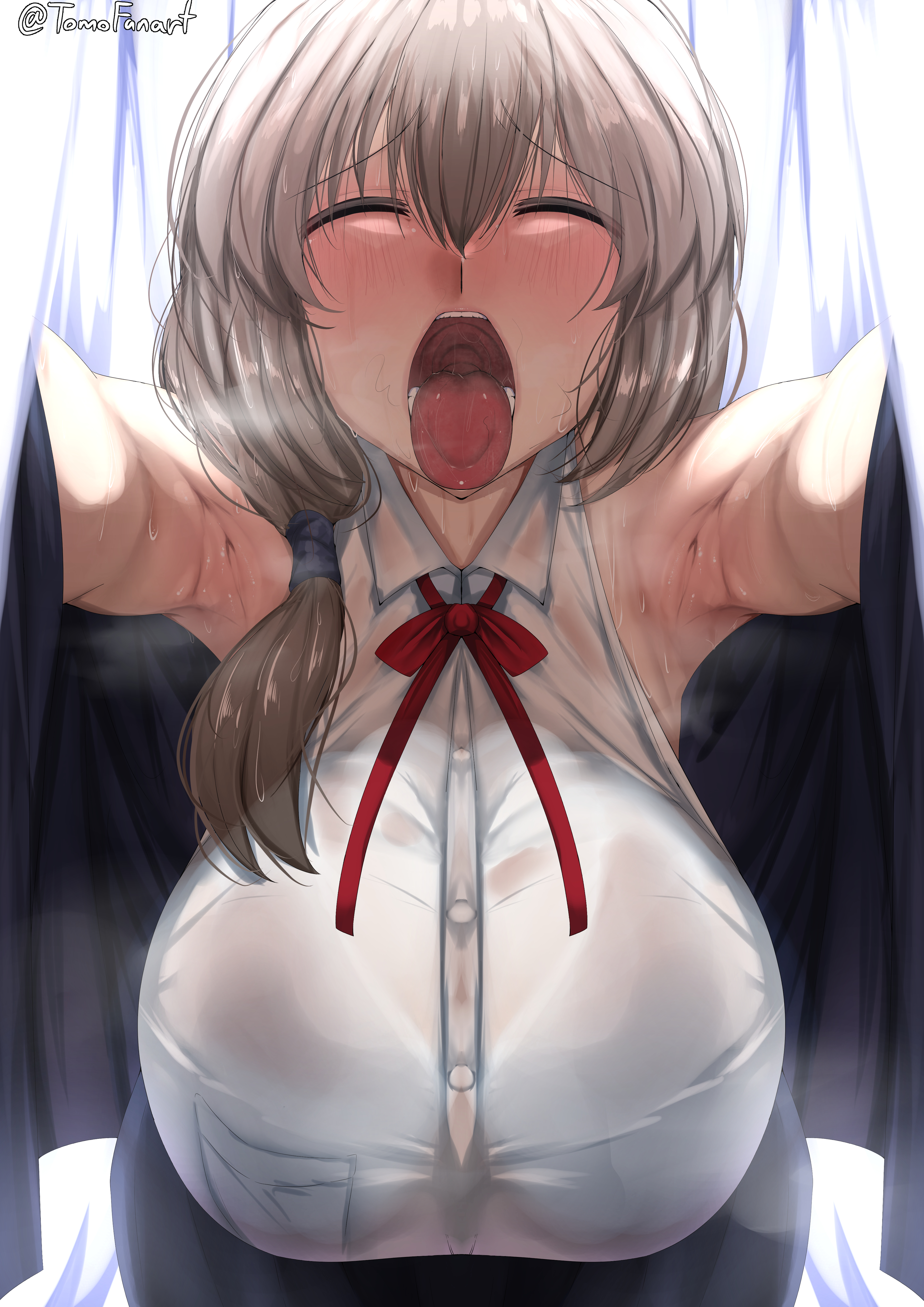 1girls, alternate version available, armpits, asking for it, bent forward, big breasts, blush, breast focus, breasts, closed eyes, clothing, female, female only, grey hair, hair, huge breasts, large breasts, mature, mature female, mature woman, milf, mother, open mouth, solo, solo female, steam, steamy, steamy armpits, steamy breath, sweat, sweatdrop, sweaty armpit, teeth, tomodachi (tomofanart), tongue, tongue out, topwear, uzaki tsuki, uzaki-chan wa asobitai!