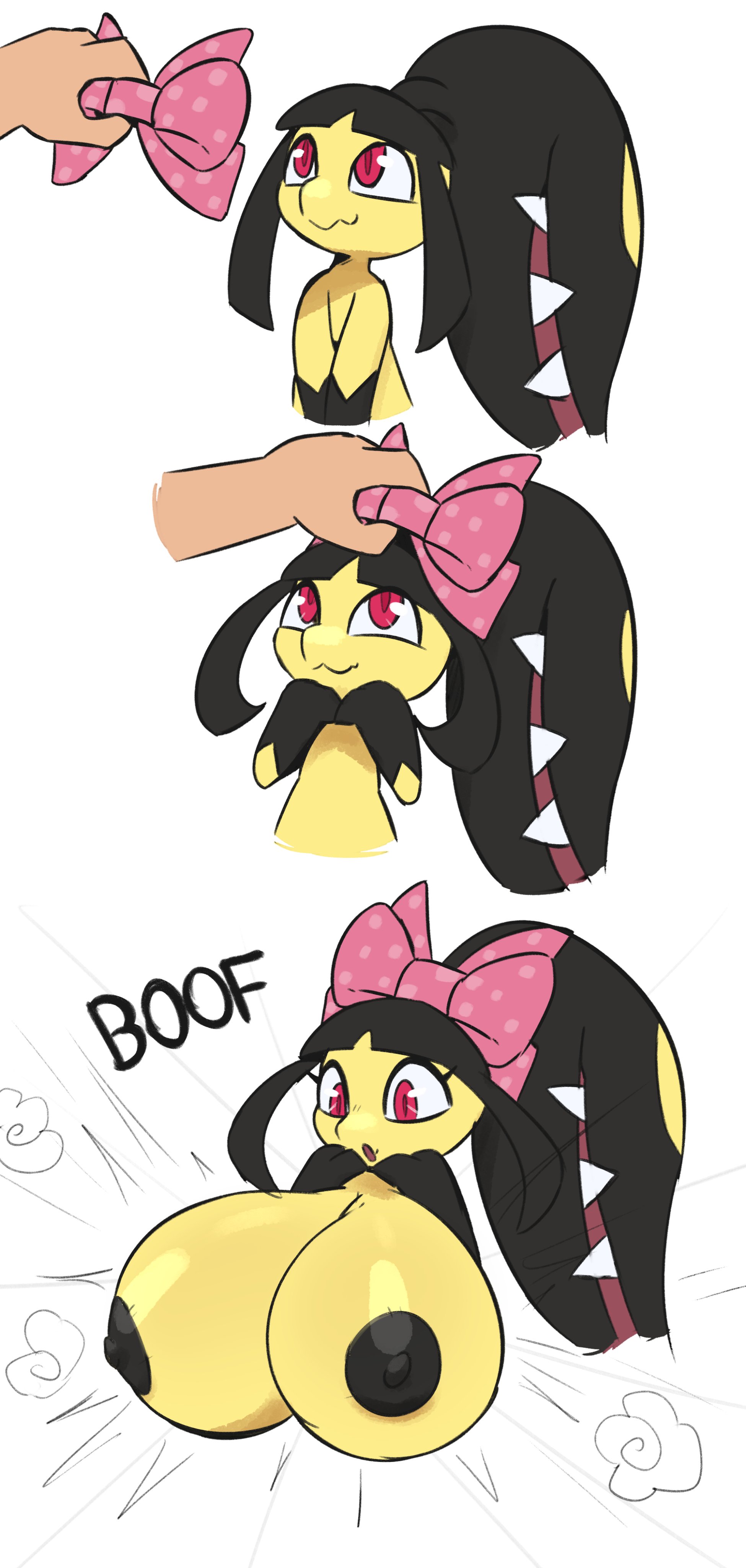 2d, 2d (artwork), 2d artwork, big breasts, black nipples, bow, bow tie, breast expansion, breasts, don't attack me mawile, expanding, expansion, female, female focus, flat chest, generation 3 pokemon, growing, growth, huge boobs, huge breasts, mawile, miso souperstar, pokémon (species), pokemon, pokemon (species), red eyes, transformation, young