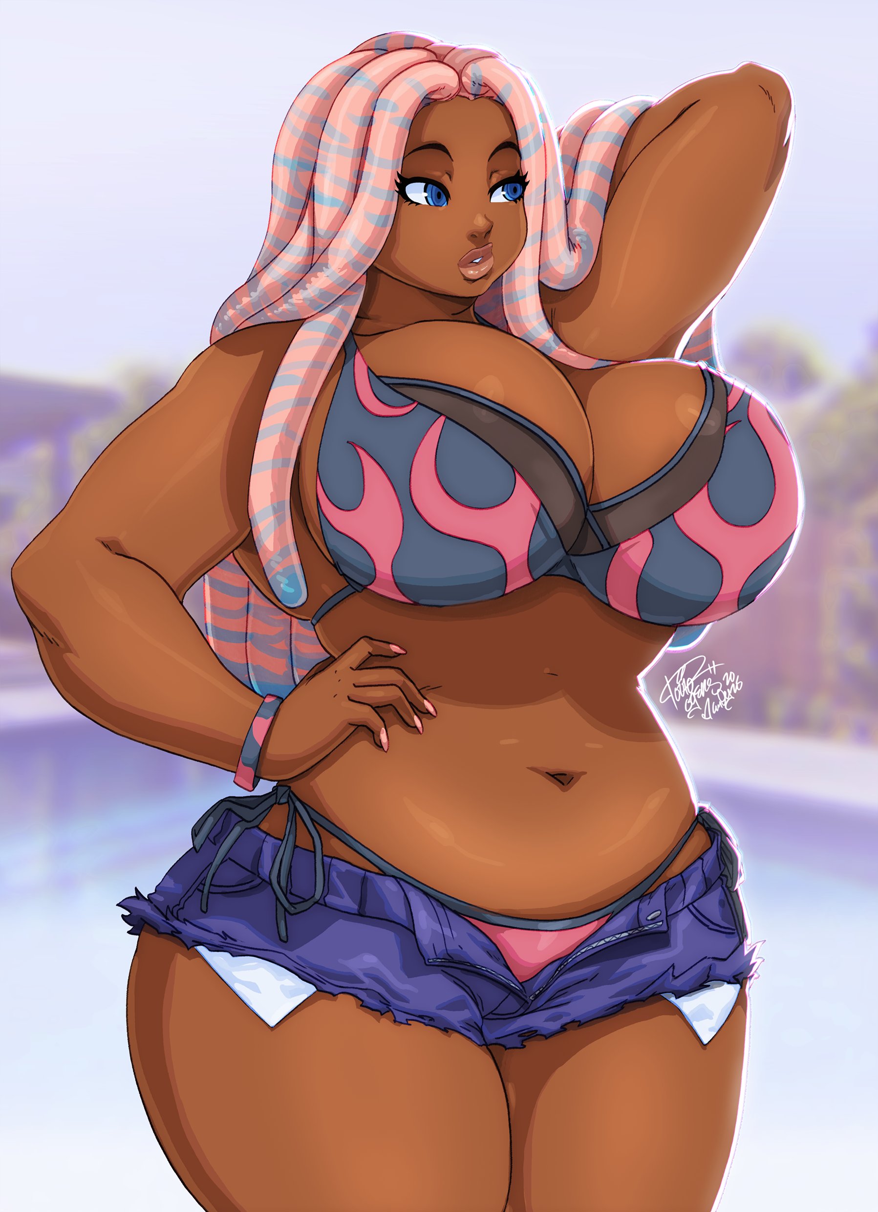 1girls, 2025, big breasts, bikini, blue eyes, commission, dark skin, dark-skinned female, dreadlocks, female, female only, hand behind head, hand on hip, hi res, huge breasts, jean shorts, long hair, ming-ming yúan, pink hair, short shorts, shorts, side-tie bikini, solo, thick thighs, tovio rogers, wide hips