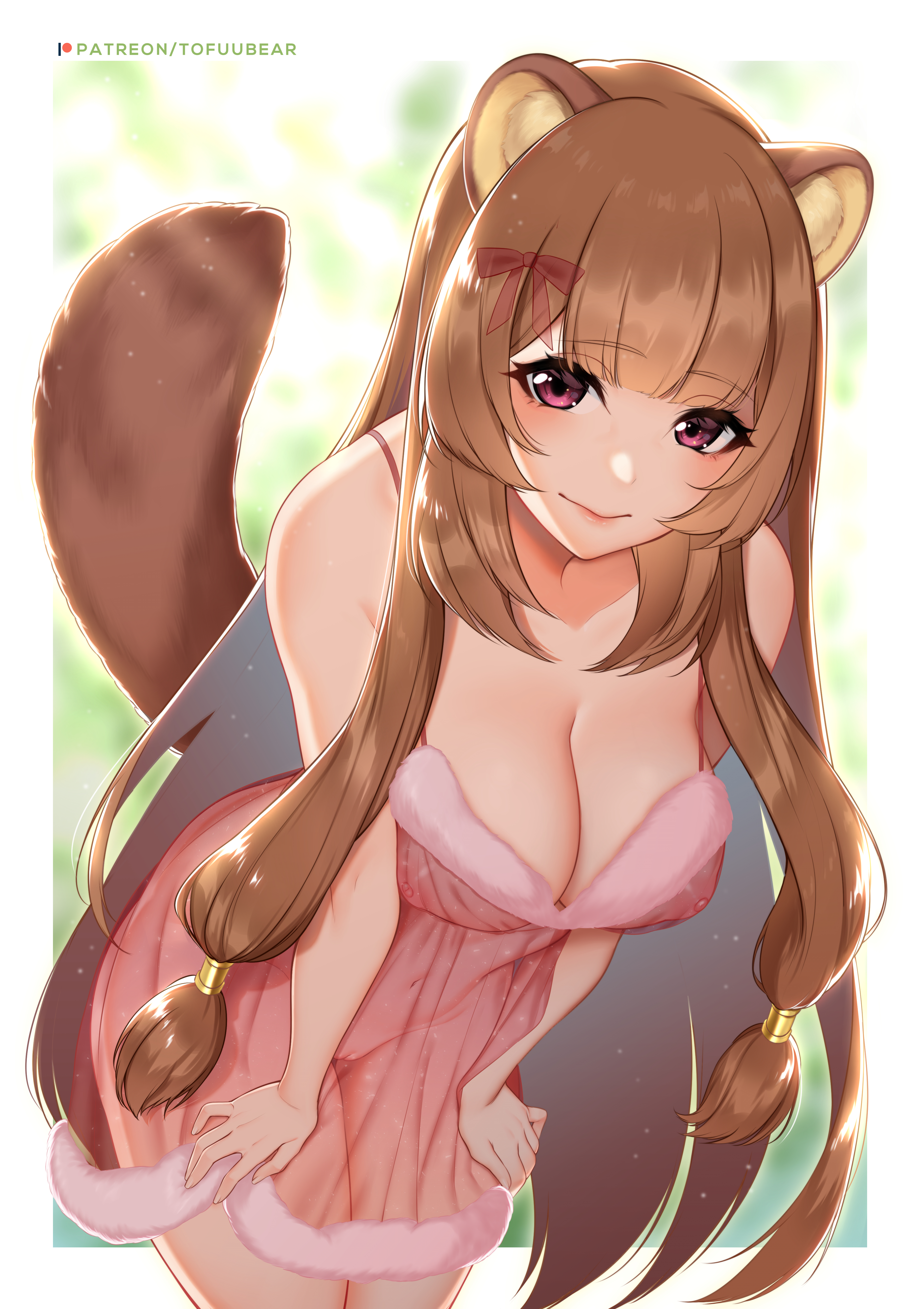 animal tail, brown hair, female, looking at viewer, pussy, raccoon ears, raphtalia, red eyes, see-through, tagme, tate no yuusha no nariagari, tofuubear, very long hair