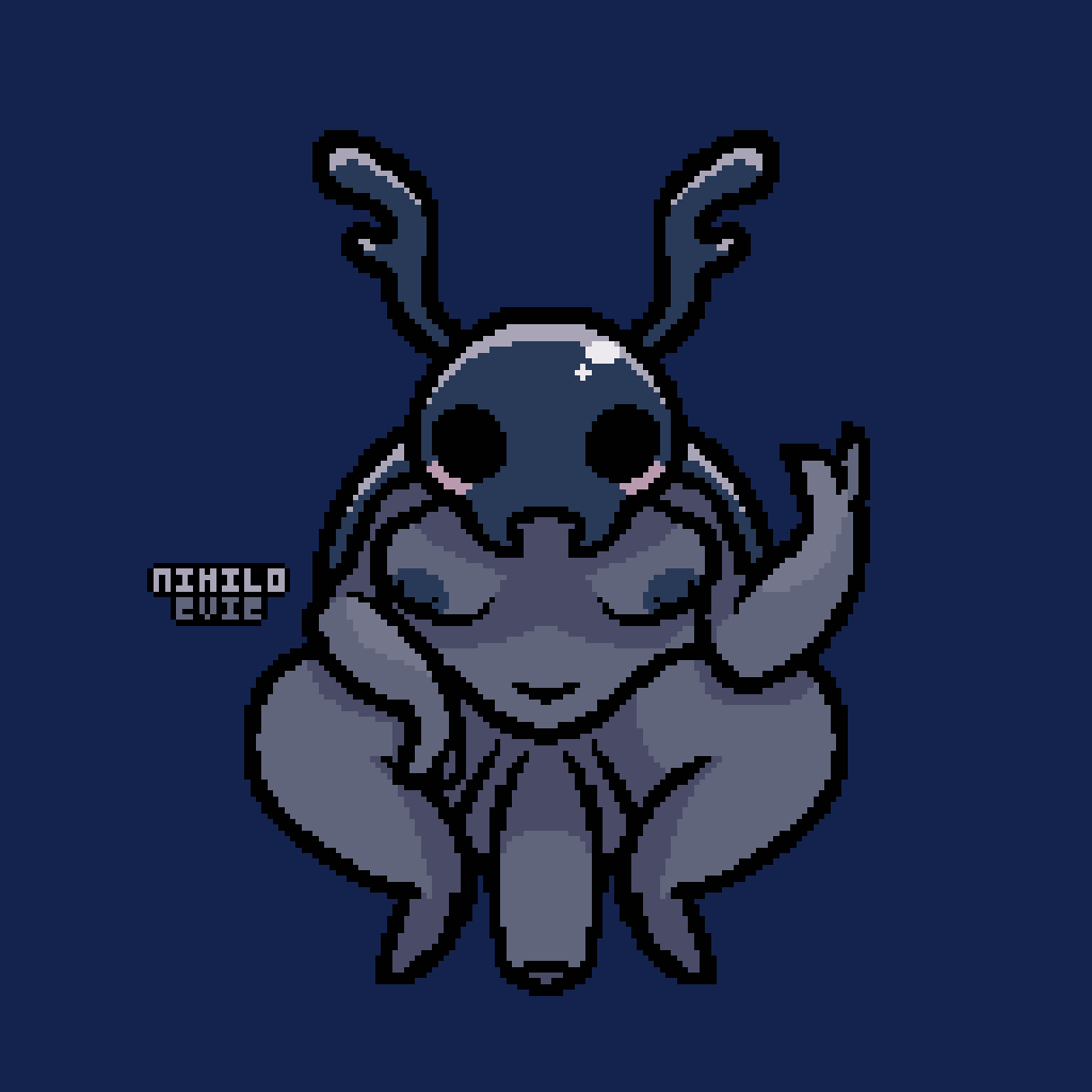 anthro arthropod beetle big_breasts blue_exoskeleton blush breasts bretta_(hollow_knight) dickgirl female furry futanari grey_skin hard_pixels hollow_knight insects intersex nihiloevie pixel_art pussy simple_background solo squatting