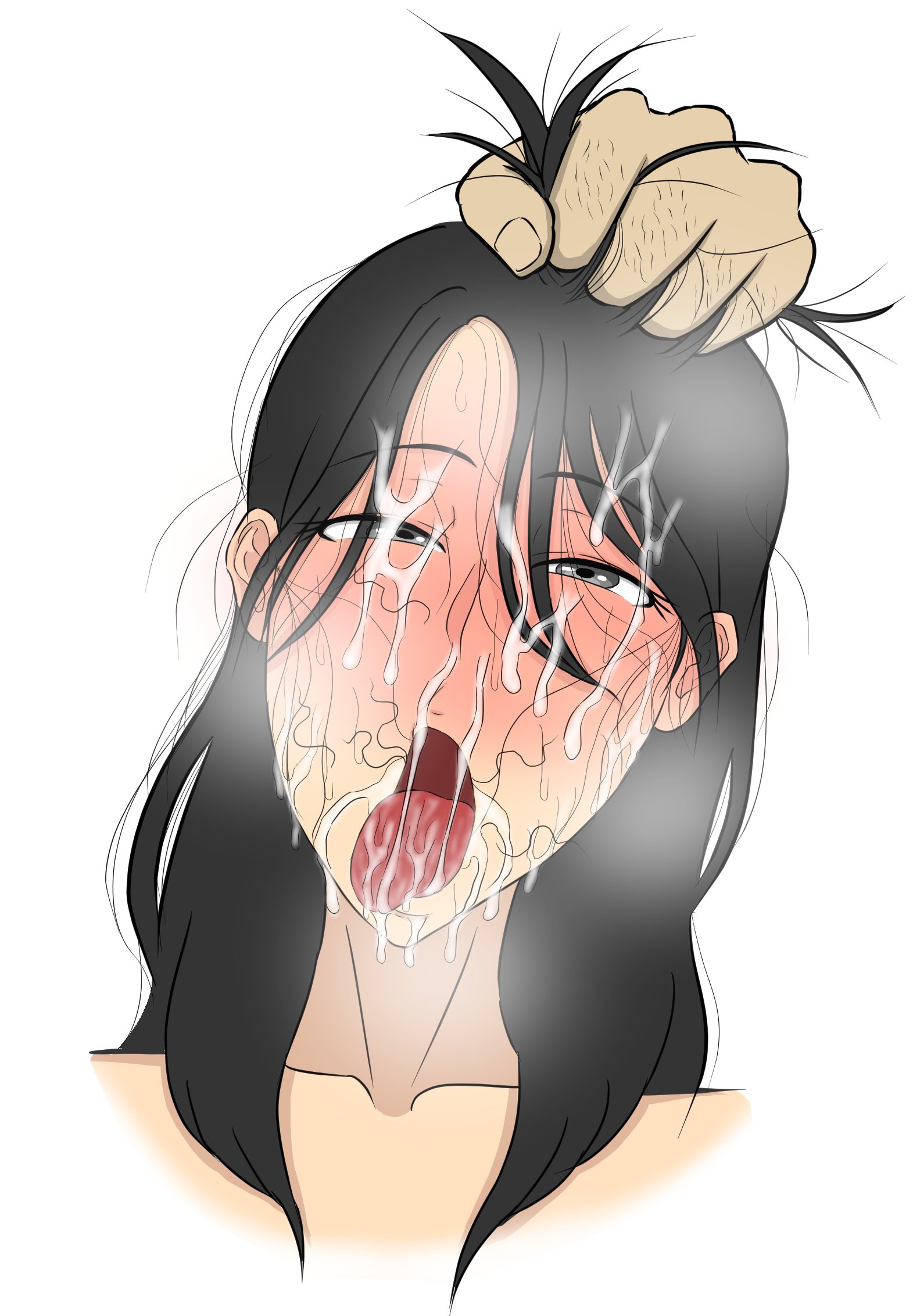 after fellatio, after oral, after sex, ahe gao, big breasts, black eyes, black hair, blush, breasts, color, cum, cum in mouth, cum in nose, facial, female, girls, huge breasts, implied oral, large breasts, light skin, light-skinned female, lipstick, nasty, nekozekaikan, nipples, oral, orgasm, orgasm face, pubic hair, pubic hair in mouth, pulling hair, rough sex, stray pubic hair, sweatdrop