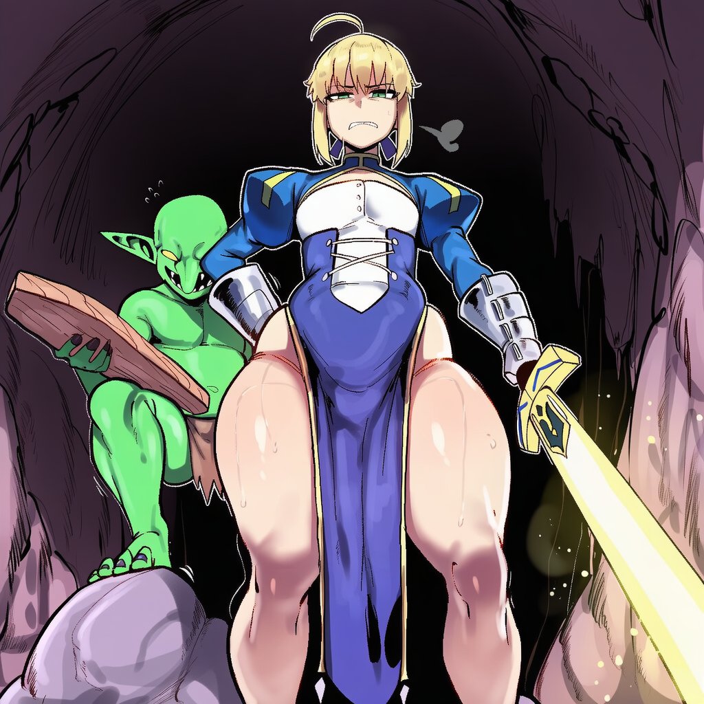 1boy, 1girls, about to have sex, ai generated, artoria pendragon, blonde hair, fate (series), goblin, goblin male, ishimo, saber, small breasts, tagme, thick thighs