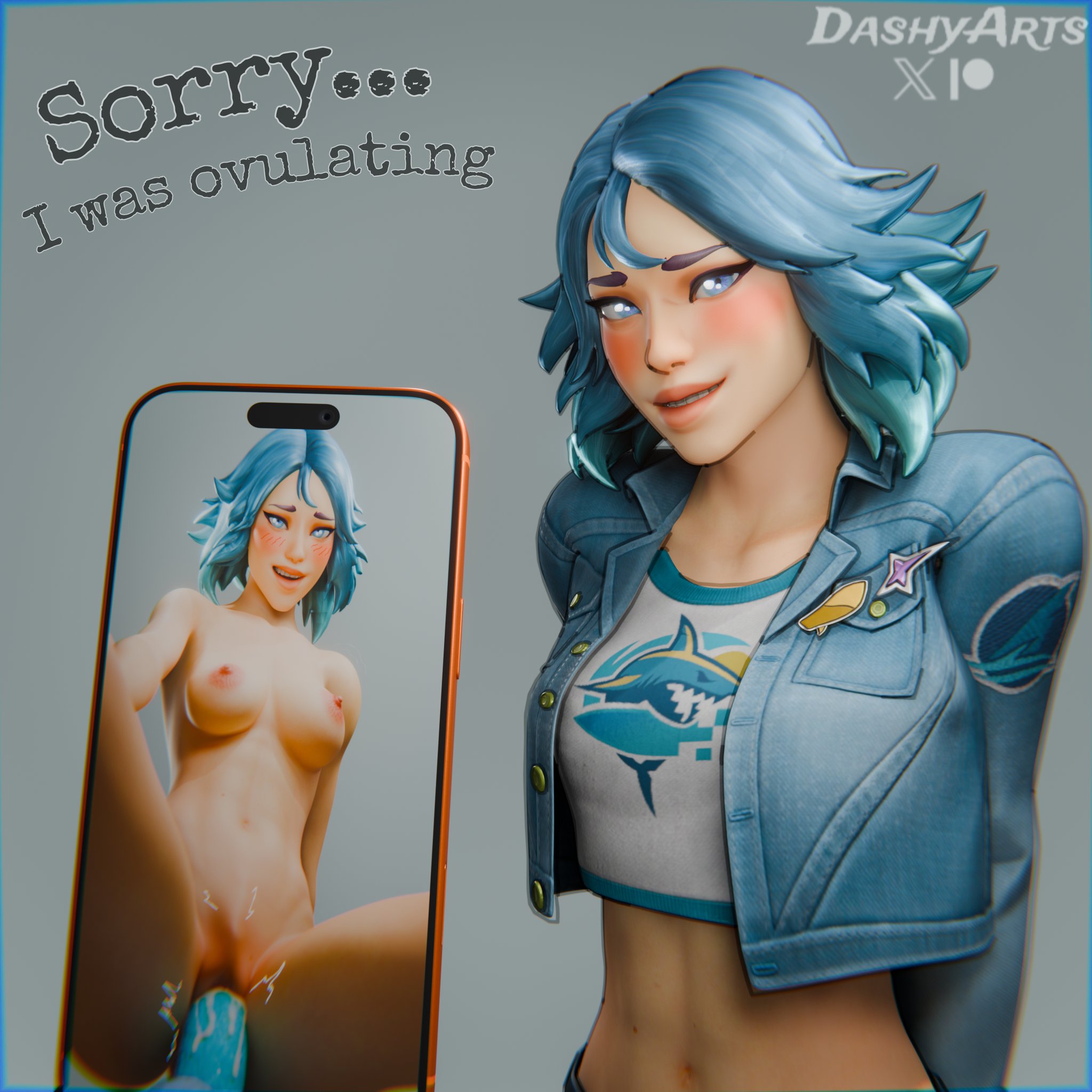 1girls, 2026, 3d, 3d (artwork), areola, areolae, blender, blue hair, blush, blush lines, breasts, clothed, clothing, cropped jacket, dashyarts, dildo, dildo in pussy, epic games, female, female torso, fortnite, fortnite: battle royale, hi res, high quality, high resolution, highres, juxtaposition, lightrider (fortnite), looking at viewer, masturbating, masturbation, medium breasts, nipples, nude, nude female, phone, phone screen, pov eye contact, pov male, pussy, pussy lips, riding, riding dildo, sex toy, shaved crotch, shaved pussy, shirt, shy, shy expression, shy smile, teal hair, text, vagina, vaginal masturbation, vaginal penetration, watermark