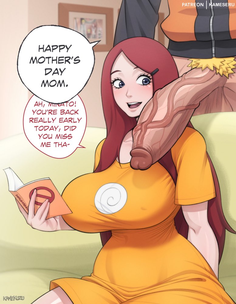 1boy, 1girl, artist name, black eyes, book, breasts, commentary, curvy, english commentary, english text, erection, holding, holding book, huge penis, incest, indoors, kameseru, large breasts, long hair, looking at penis, male pubic hair, mature female, mother and child, mother and son, naruto, naruto (series), open mouth, parent and child, partial male, penis, pubic hair, puffy nipples, red hair, speech bubble, uzumaki kushina, uzumaki naruto, uzumaki symbol