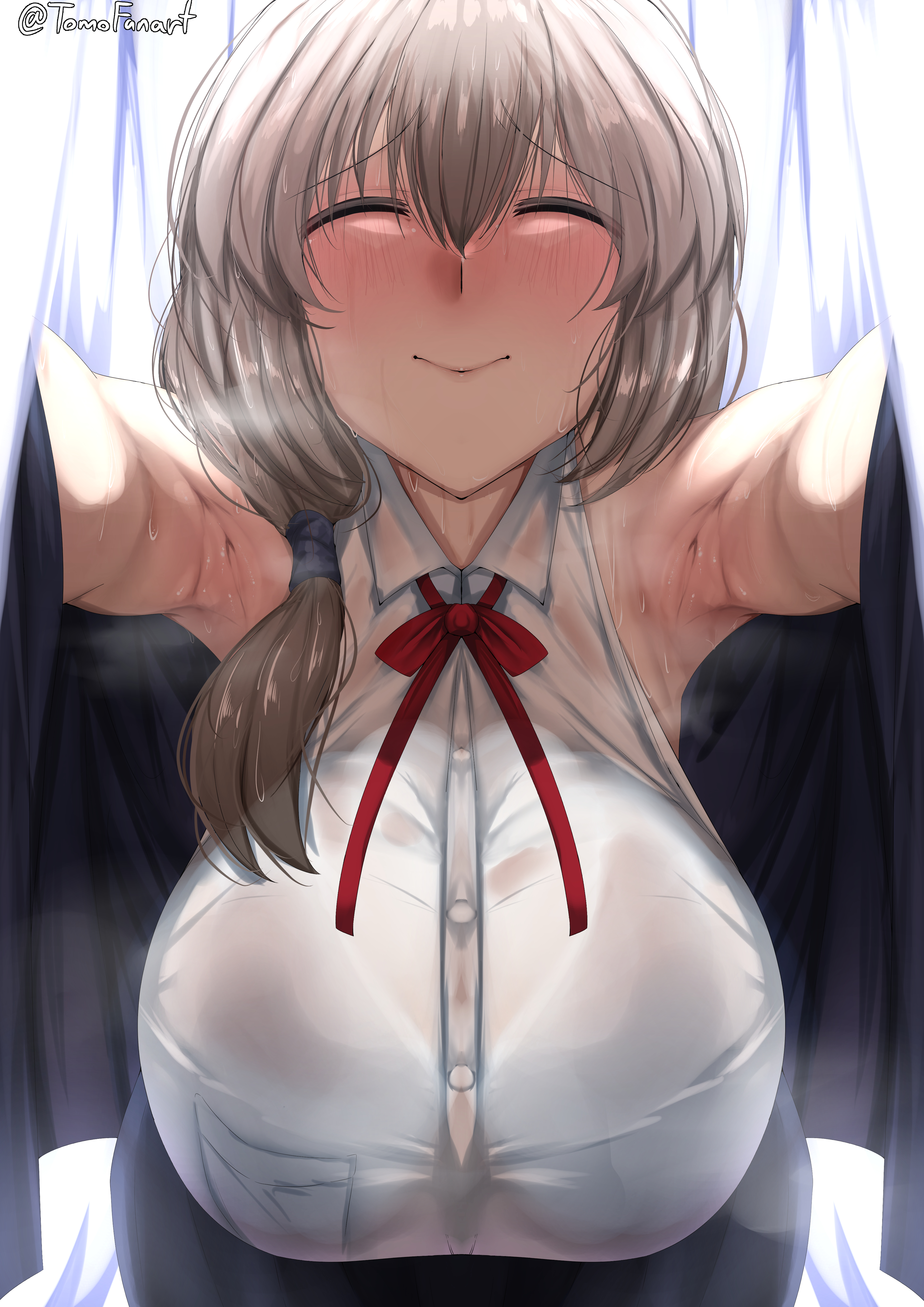 1girls, alternate version available, armpits, bent forward, big breasts, blush, breast focus, breasts, closed eyes, closed eyes smile, closed mouth, clothing, female, female only, grey hair, hair, huge breasts, large breasts, mature, mature female, mature woman, milf, mother, smile, solo, solo female, steam, steamy, steamy armpits, steamy breath, sweat, sweatdrop, sweaty armpit, tomodachi (tomofanart), topwear, uzaki tsuki, uzaki-chan wa asobitai!