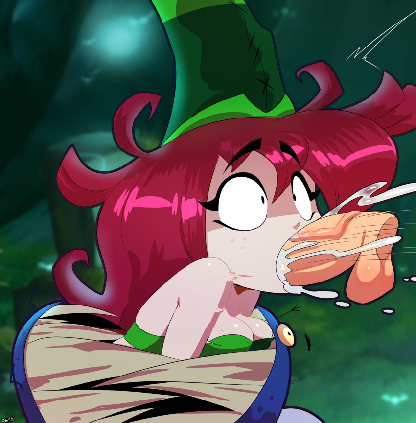 betilla (rayman), big breasts, black eyes, cum, cum in mouth, fellatio, floating penis, light skin, light-skinned female, nymph (rayman), rayman (series), rayman origins, red hair, stuck, sucking, sucking penis, thehumancopier, vore