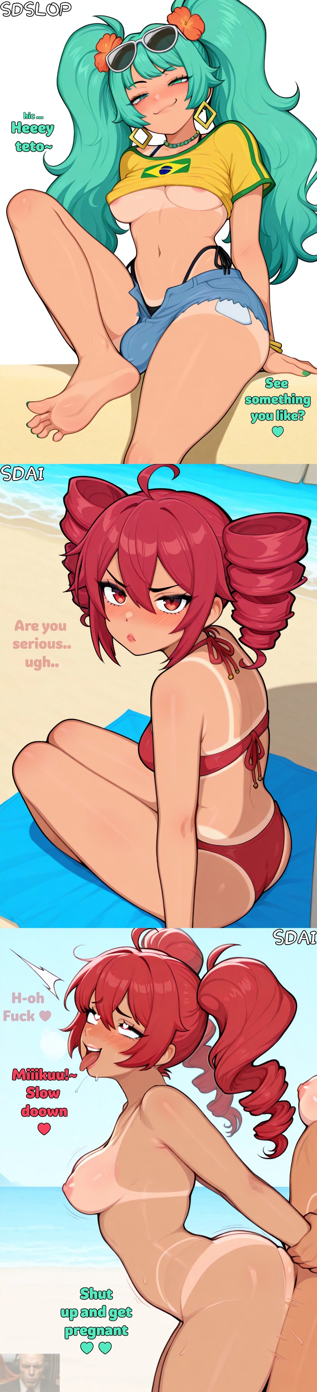 1girls, ai generated, annoyed expression, beach, bikini, futanari, hair, ishowspeed, meme, miku hatsune, naked, red hair, tagme, teto, vocaloid