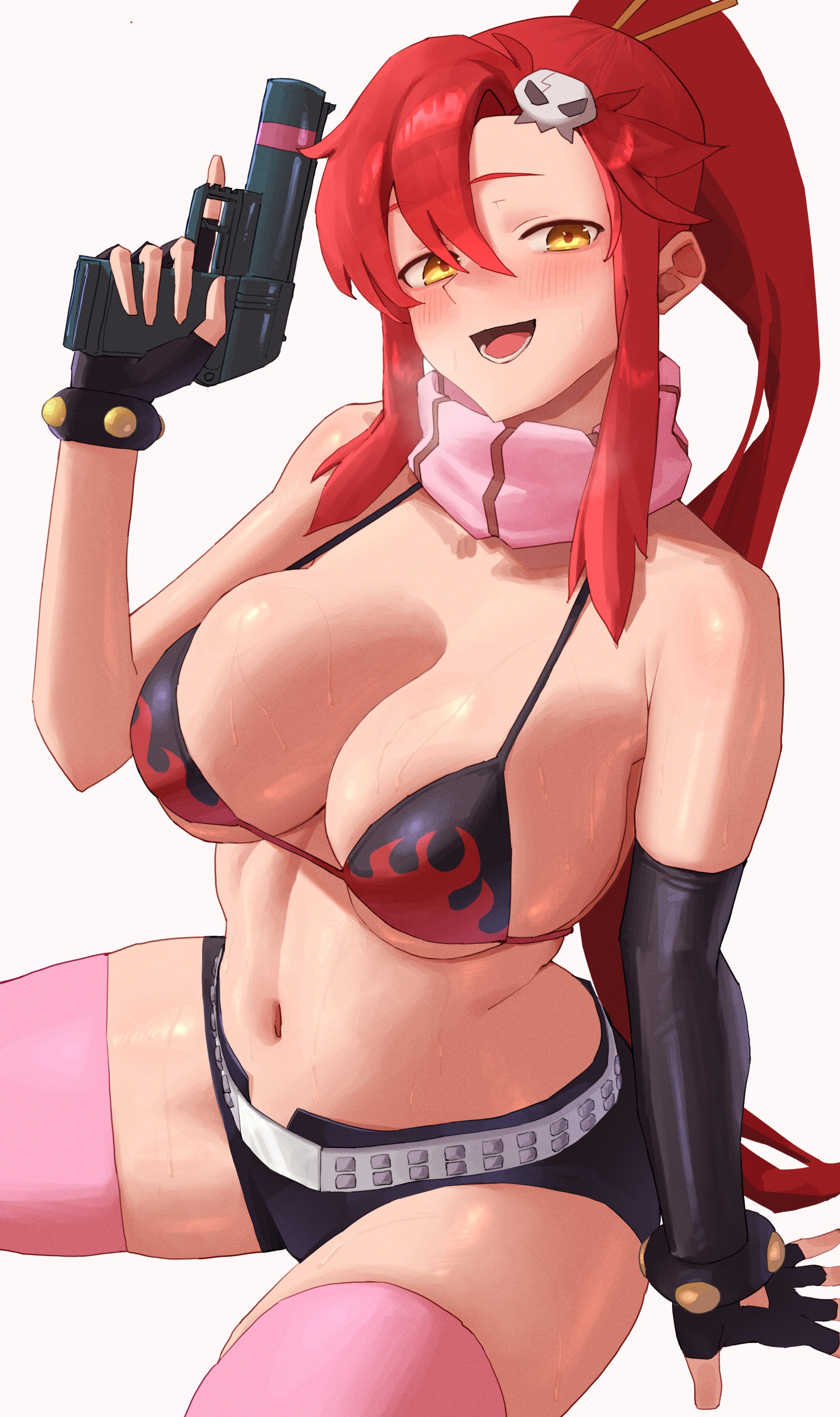 :d, 1girl, bangs, belt, big breasts, bikini, bikini top, black gloves, black shorts, blush, breasts, cleavage, elbow gloves, female, female only, fingerless gloves, flame print, gloves, gun, hair ornament, hair stick, holding, holding gun, holding weapon, large breasts, long hair, looking at viewer, navel, open mouth, pink legwear, ponytail, red hair, revealing clothes, rifle, scarf, short shorts, shorts, sidelocks, sitting, skull hair ornament, smile, solo, stomach, striped, striped scarf, studded belt, sweat, swimsuit, tengen toppa gurren lagann, thighhighs, turnipdish, weapon, yellow eyes, yoko littner
