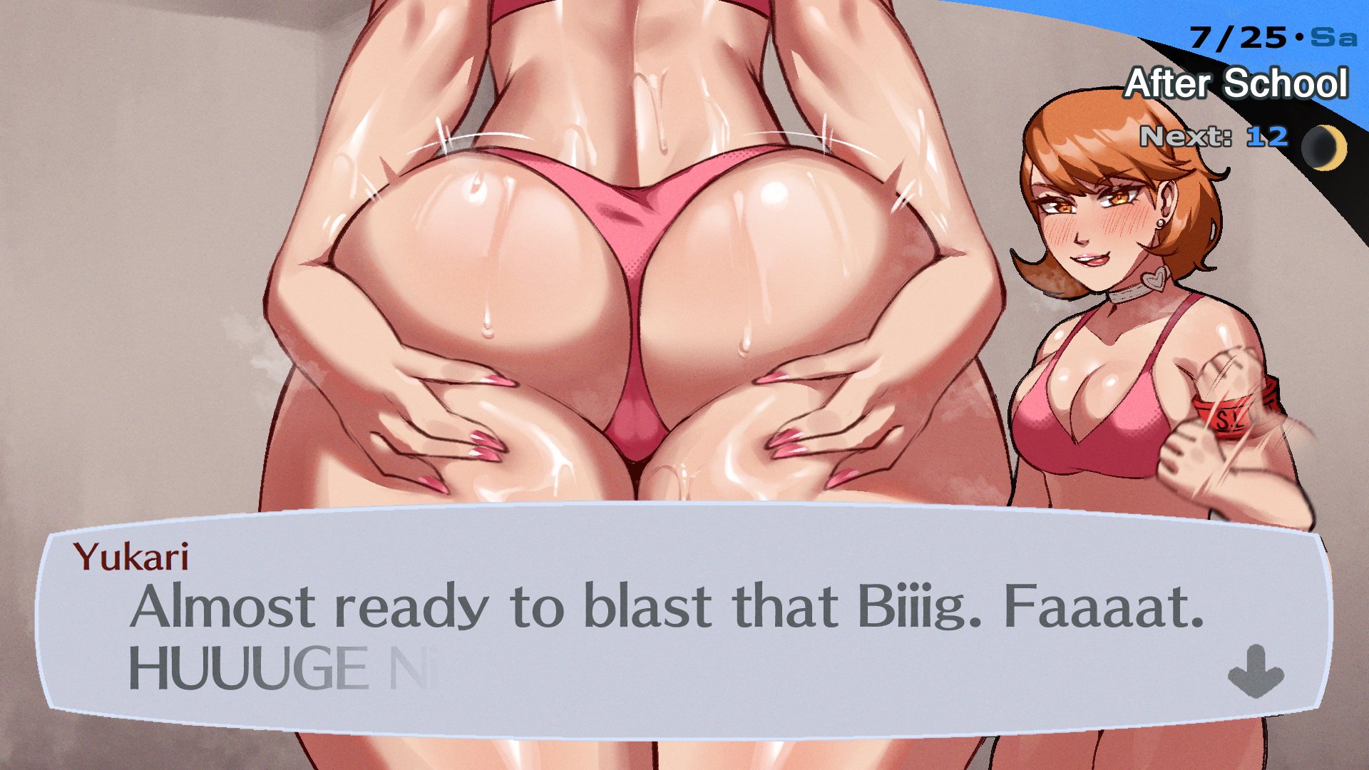 1girls, ass, atlus, bra, bra and panties, breasts, english text, female, female focus, female only, large ass, large breasts, light skin, light-skinned female, matching underwear, panties, persona, persona 3, pink bra, pink panties, sega, solo, sweat, text, thick thighs, thighs, wide hips, wingedwasabi, yukari takeba