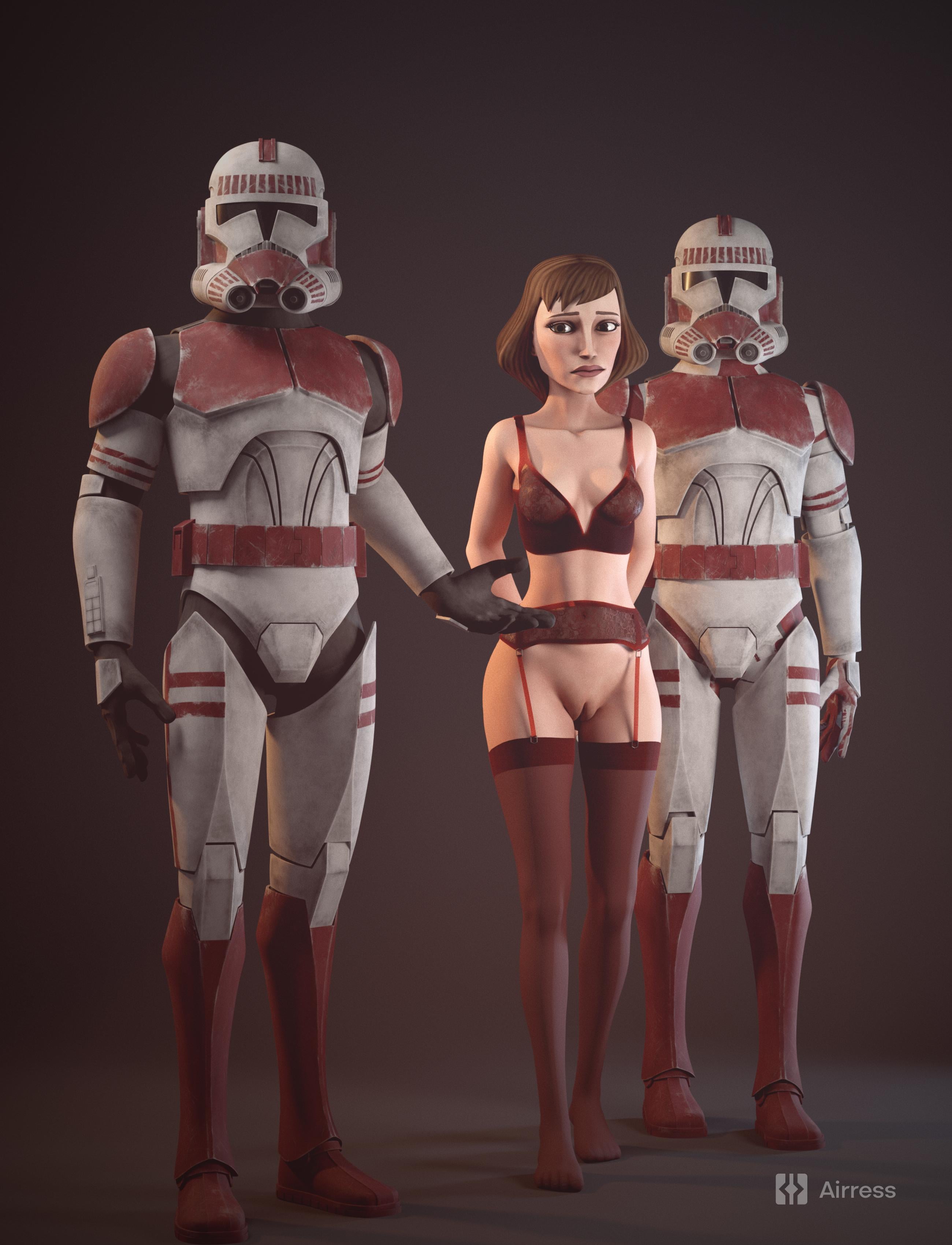 1girls, 2boys, 3d, airress3d, airress3d (3d-modeller), armor, arms behind back, artist name, bottomless, bra, clone trooper, clone wars, clothed male nude female, coruscant guard, embarrassed, embarrassed nude female, female, femsub, garter belt, garter straps, lingerie, male, padme amidala, prisoner, pussy, star wars, stockings, thighhighs, underwear, watermark