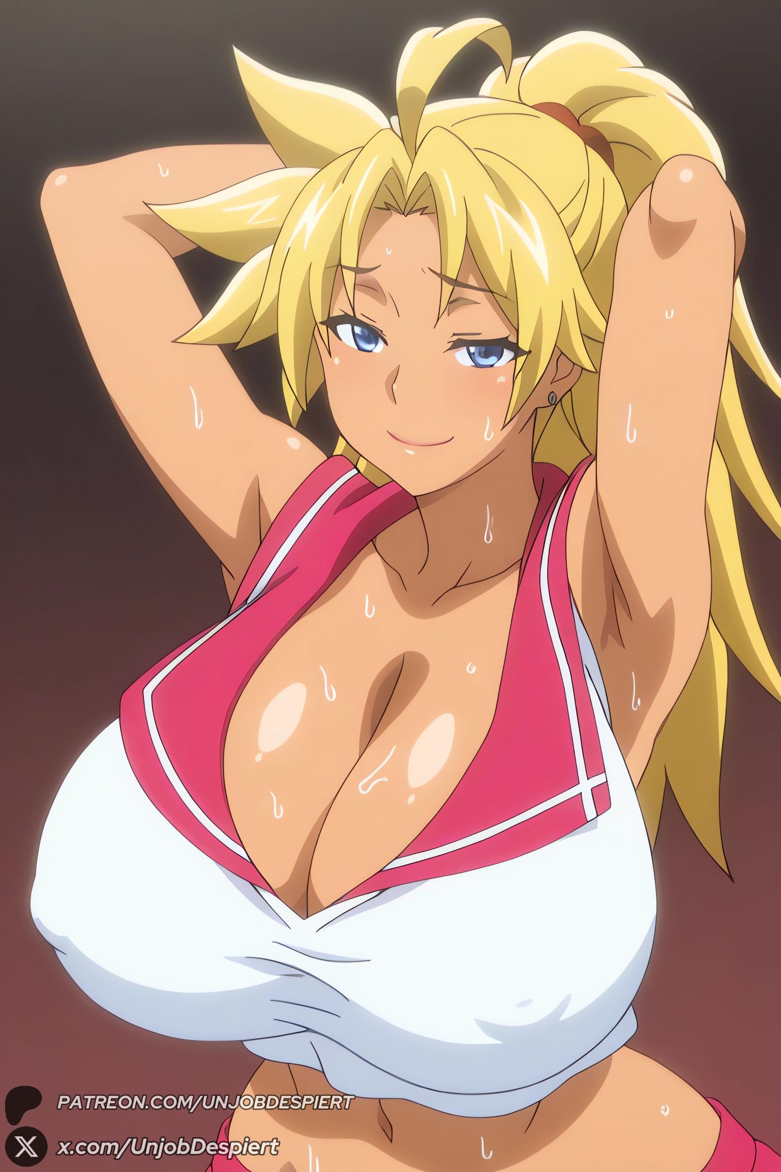 1female, 1girls, 2026, ahoge, ai generated, armpits, arms behind head, arms up, artist name, big ass, big breasts, blonde hair, blue eyes, blush, breasts, cleavage, collarbone, covered nipples, crop top, curvy, dark skin, dark-skinned female, earrings, energy kyouka!!, female, female only, hi res, high quality, high resolution, highres, huge ass, huge breasts, jewelry, long hair, looking at viewer, midriff, navel, patreon, patreon username, ponytail, school uniform, shiraishi kyouka, smile, solo, sweat, unjobdespiert, upper body, watermark