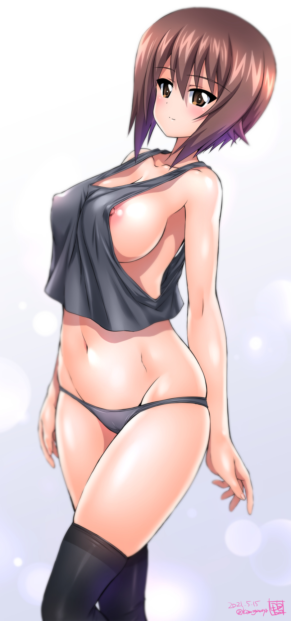 bare shoulders, belly, belly button, black socks, blush, breasts, brown eyes, brown hair, covered nipples, female, female focus, female only, girls und panzer, kamogawa tanuki, kneehighs, large breasts, looking at viewer, lowleg, lowleg panties, midriff, navel, nipple slip, nipples, nipples visible through clothing, nishizumi maho, no bra, panties, schoolgirl, short hair, sideboob, sidelocks, simple background, smile, smiling, smiling at viewer, socks, tank top, underwear, underwear only