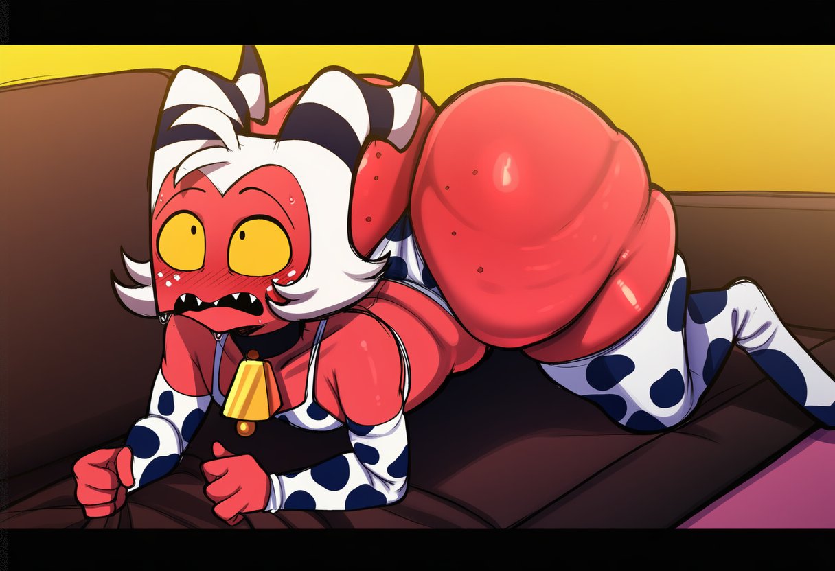 ai, ai art, ai assisted, ai generated, ai-created, ass, ass focus, ass up, big ass, big booty, bikini, booty, butt dimples, butt freckles, cow print, cow print bikini, cow socks, dummy thicc, helluva boss, huge ass, imp, male, male in bikini, moxxie (helluva boss), solo, solo focus, solo male, xxieshenda
