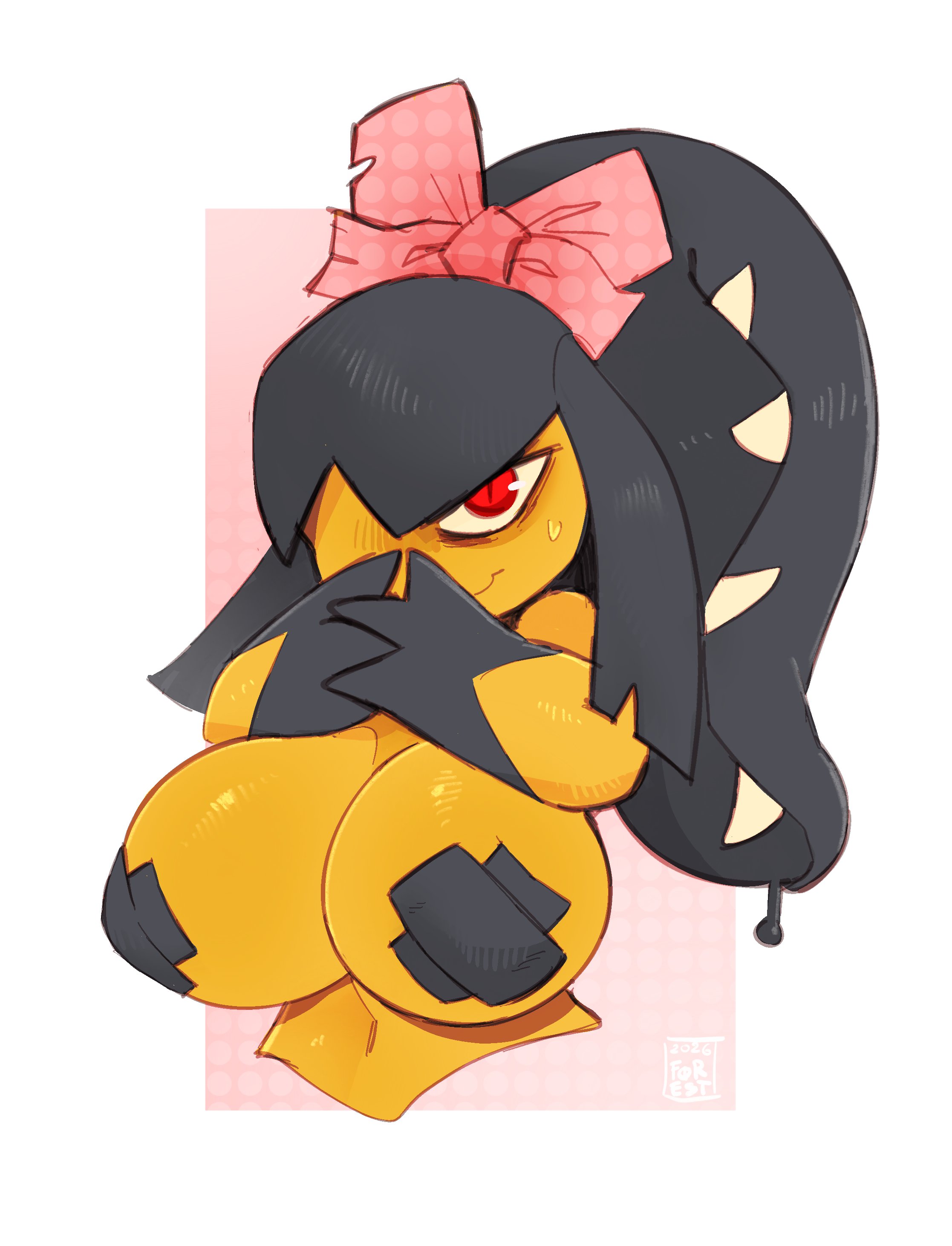 2026, artist logo, breasts, covered nipples, cross pasties, don't attack me mawile, foresttherotten, huge breasts, mawile, pasties, pokemon, pokemon (species), red eyes
