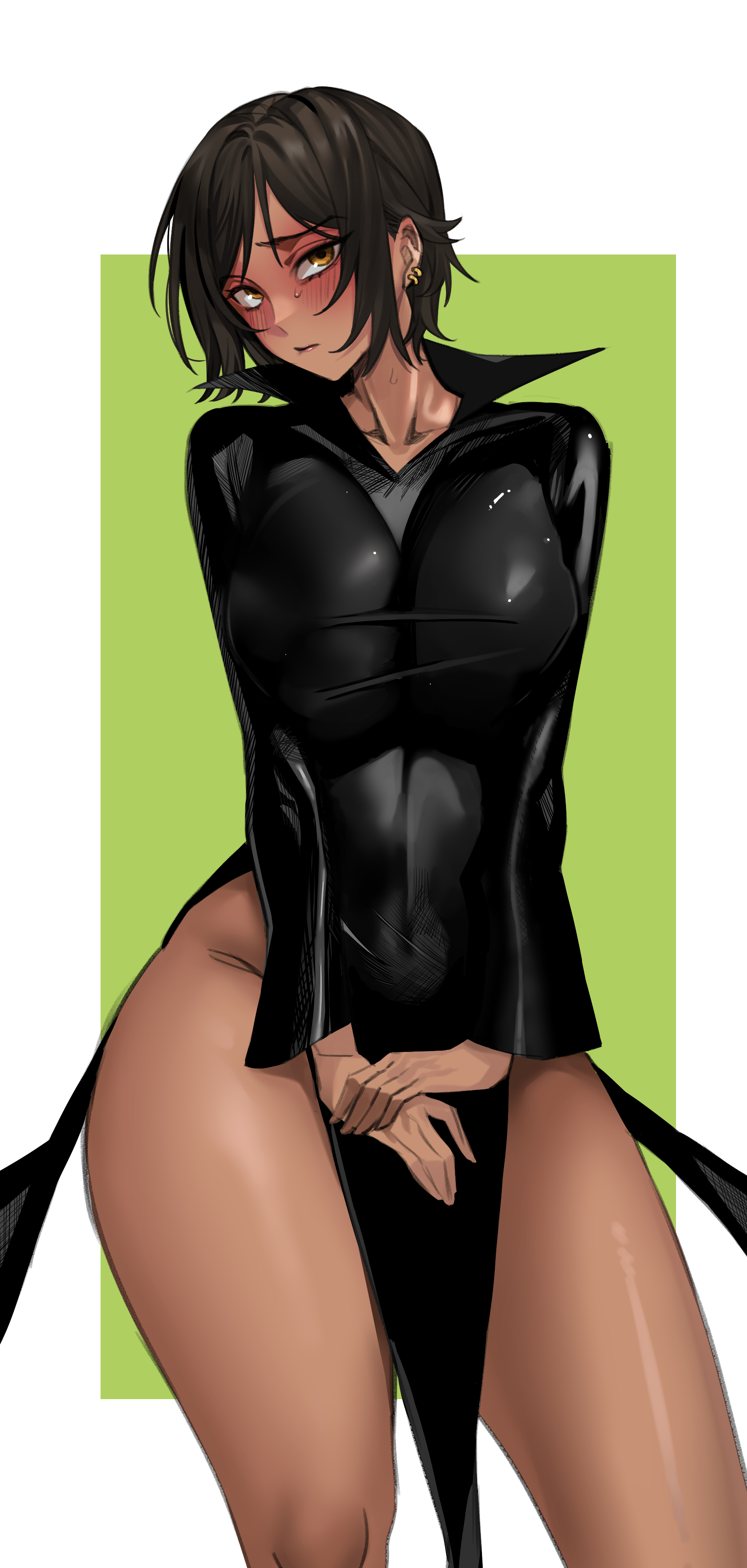 1girls, absurd res, breasts, brown hair, cosplay, dark skin, dark-skinned female, dress, earrings, hi res, huge breasts, limbus company, looking at viewer, one-punch man, outis (limbus company), outis (project moon), project moon, rhlatm, short hair, tatsumaki, tatsumaki (cosplay), thick thighs, thighs, wide hips, yellow eyes