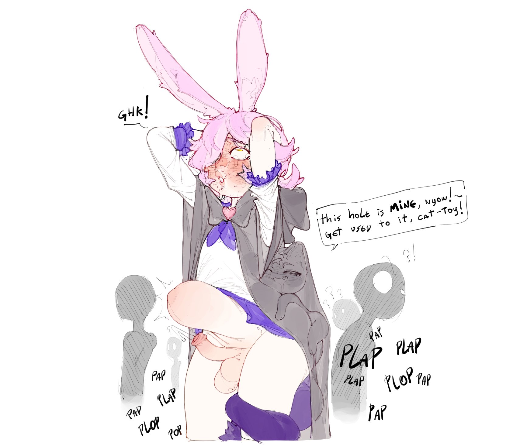 2boys, anal, anal sex, bottomless, commission, familiar, femboy, feral on human, gay, large penis, leaking precum, magical girl, original, original character, penis size difference, pink hair, plap, precum drip, precum squirt, pubic hair in mouth, public, rabbit boy, rabbit ears, rabbit tail, skinkbutt (artist), small dom big sub, small penis, smaller feral, stomach bulge, stomach deformation, surprised, sweat, taunting, text, under clothes, utaro uta