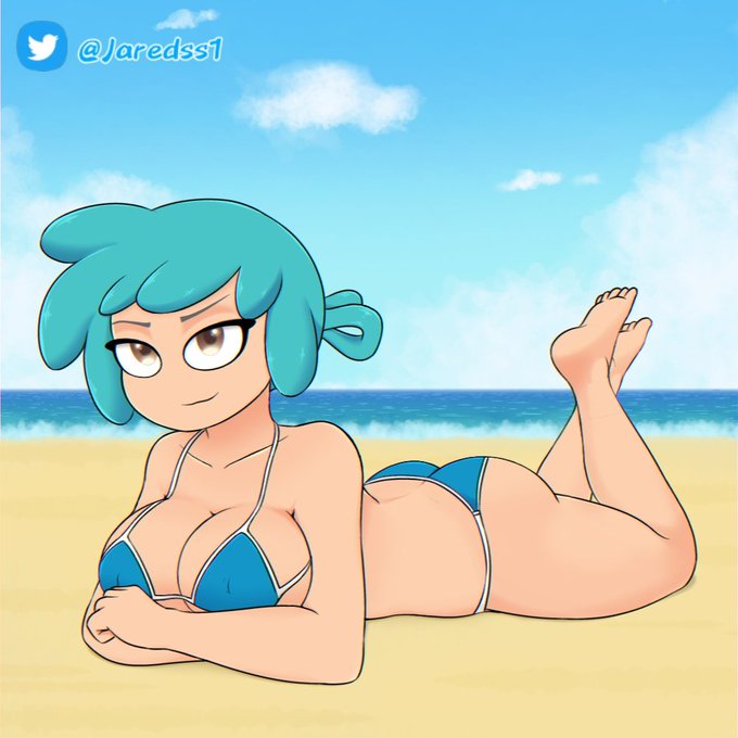 ass barefoot beach big_breasts bikini bikini_bra blue_bikini blue_hair brown_eyes edd00chan feet feet_up fhs fhsz3r0 fnafhs ocean sand soles tagme toes