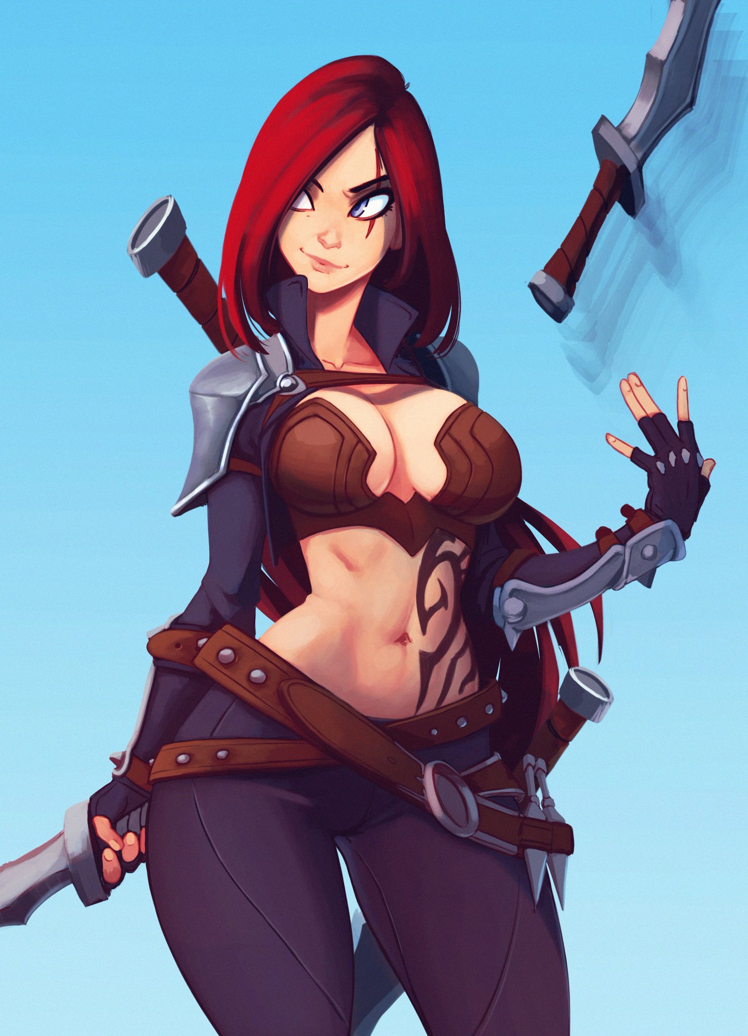 breasts, clothed, female, katarina du couteau, knife, league of legends, navel, raichiyo33, red hair, riot games, scar, tattoo