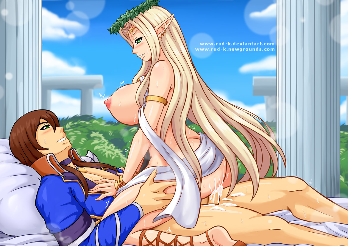 1boy, 1girls, big breasts, blonde hair, breasts, brown hair, celestine lucross, clothing, cowgirl position, cum, cum inside, duo, elf, female, hair, kuroinu ~kedakaki seijo wa hakudaku ni somaru~, long hair, male, open clothes, penis, pointy ears, riding, rud-k, sex, straight