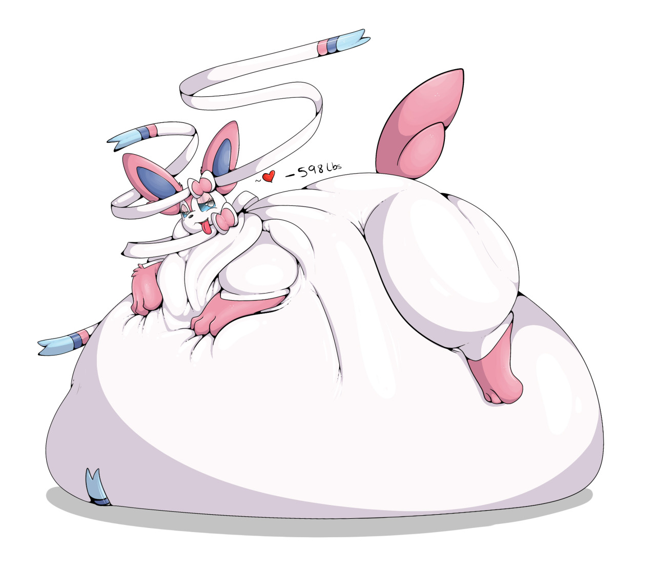 ambiguous gender, ass, canine, chubby, eeveelution, eyelashes, fat, feet, feral, furry, half-closed eyes, heart, hyper, hyper belly, immobile, morbidly obese, nintendo, nude, obese, original character, overweight, paws, pokemon, pokemon (species), pokemon xy, salacune, satisfied, sylveon, text, thick thighs, wide hips