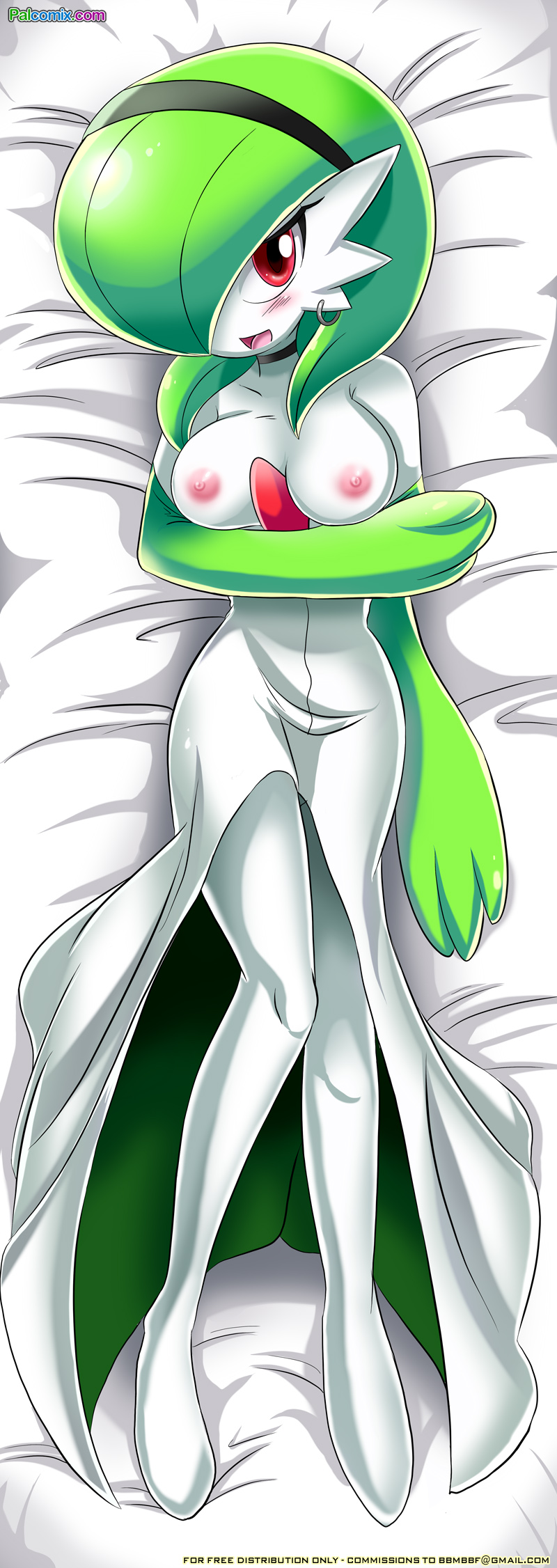 1girls, bbmbbf, blush, breasts, ear piercing, female, female gardevoir, female only, gardevoir, green hair, hair, looking at viewer, nintendo, nipples, palcomix, piercing, pillow, pokemon, pokemon (species), pokemon rse, pokepornlive, red eyes, smile, solo, video games