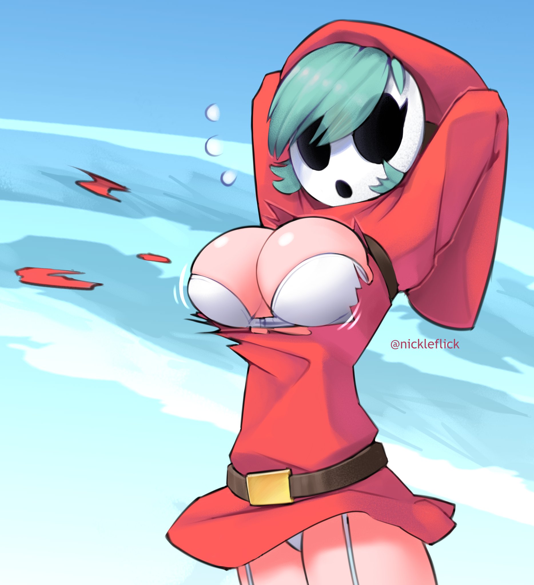 1girls, 2d, artist name, belt, blue hair, bra, breasts, breasts out, bust, cleavage, clothing, embarrassed underwear female, euf, female, female only, flying sweatdrops, hood, light skin, light-skinned female, mario (series), mask, nickleflick, nintendo, outdoors, pale skin, pale-skinned female, panties, ripped clothing, rule 63, shy gal, sky, solo, standing, sweat, sweatdrop, torn clothes, underwear, wamudraws, wardrobe malfunction, watermark, white bra, white panties
