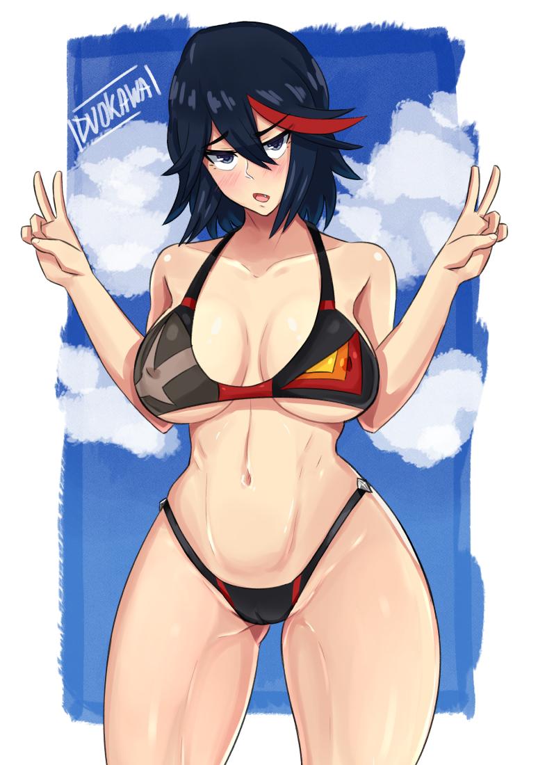 1girls, abs, bare shoulders, belly, big breasts, bikini, black hair, blue background, blue eyes, blush, breasts, cameltoe, cleavage, clothed, clouds, day, double v, duo kawa, erect nipples, female, female only, huge breasts, human, kill la kill, large breasts, looking at viewer, matoi ryuuko, midriff, muscular, muscular female, navel, nipples, open mouth, outdoors, pussy, red hair, short hair, sky, solo, standing, sweat, text, thick thighs, thigh gap, underboob, v, watermark, wet, white background, wide hips