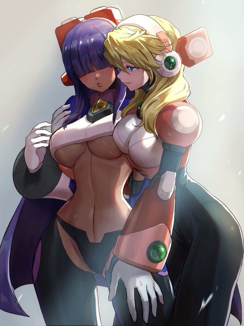 2girls abs alia armor ass ass_visible_through_thighs beauty_mark belly big_ass big_breasts blinding_bangs blonde_hair blush bodysuit breasts busty cleavage clothed dark-skinned_female dark_skin female female_only gloves hair_over_eyes hairband half-closed_eyes large_breasts layer long_hair mega_man mega_man_x midriff navel panties purple_hair reploid robot robot_girl sweat thick_thighs thigh_gap thin_waist underboob wet wide_hips yuri 星みかん_(artist)