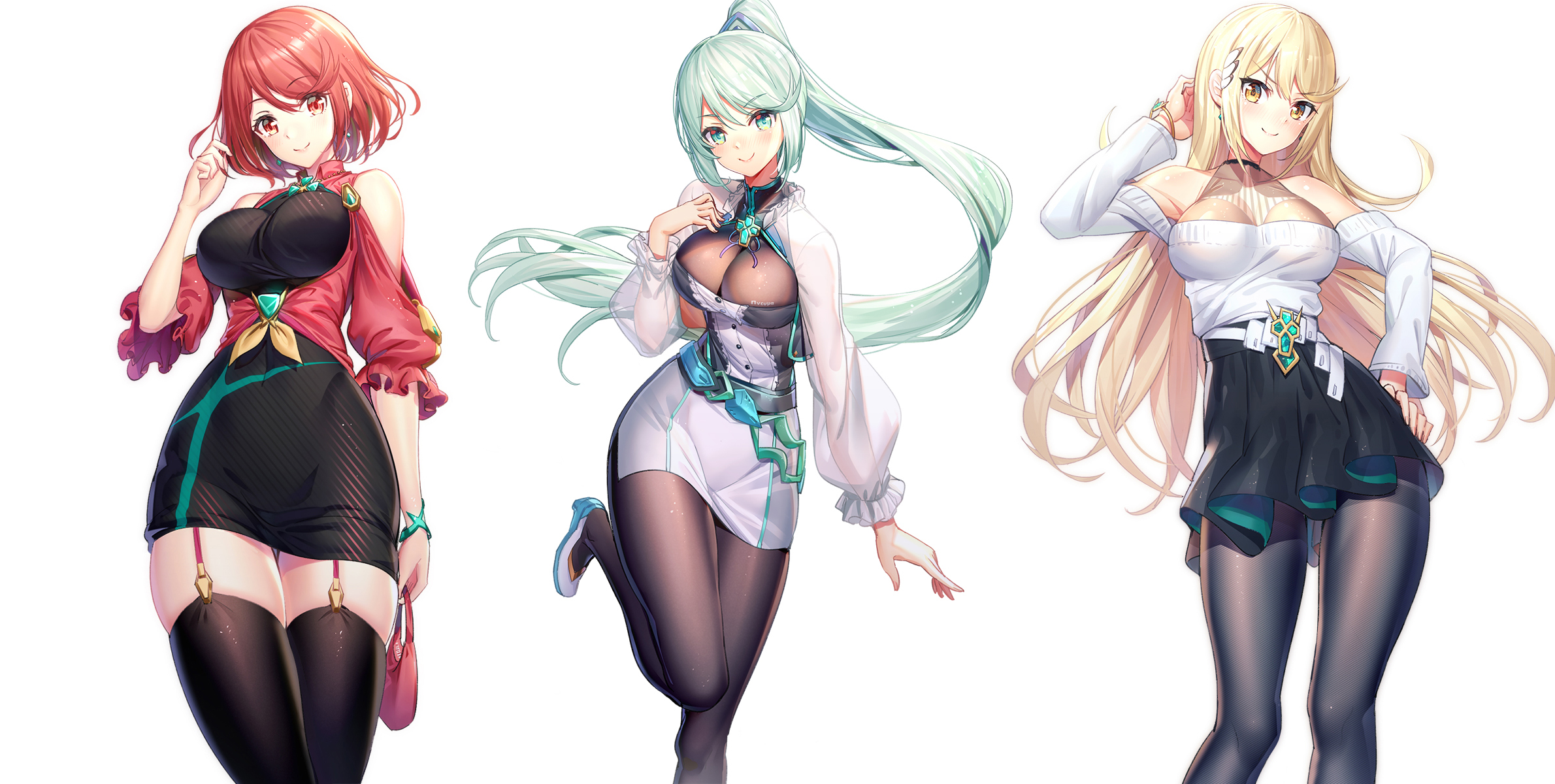 3girls, blonde hair, bracelet, breasts, casual, casual clothes, core crystal, dress, female, garter straps, green eyes, green hair, high heels, holding purse, large breasts, leggings, long hair, mythra, nintendo, pneuma (xenoblade), ponytail, purse, pyra, red eyes, red garter straps, red hair, ririko (zhuoyandesailaer), short hair, skirt, smiling, white shirt, xenoblade (series), xenoblade chronicles 2, yellow eyes