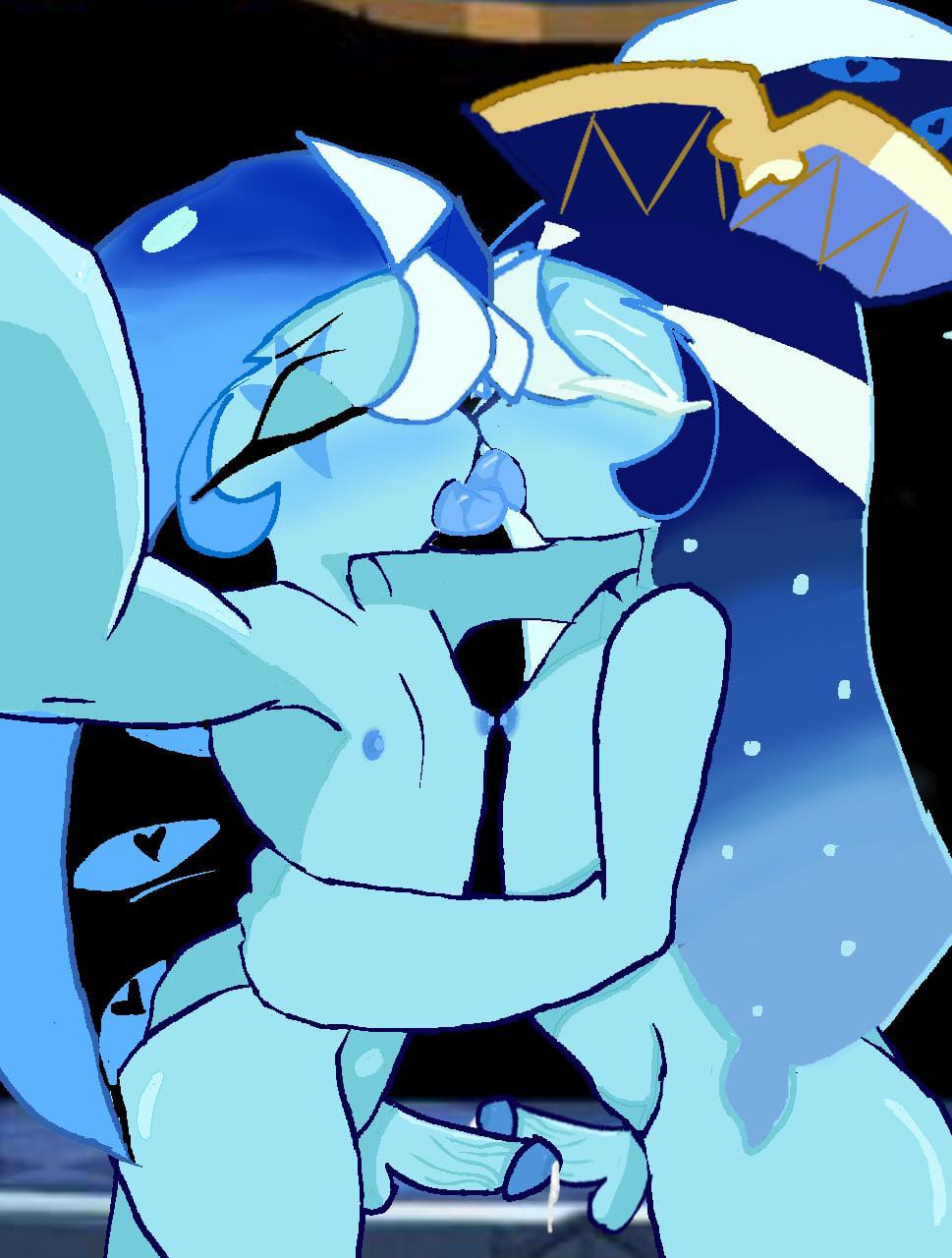 2boys, blue body, camera view, cookie run, cookie run kingdom, male, nipples, oiled skin, penis, precum drip, sage of truth, selfcest, shadow milk cookie, small penis, tongue kiss, yaoi