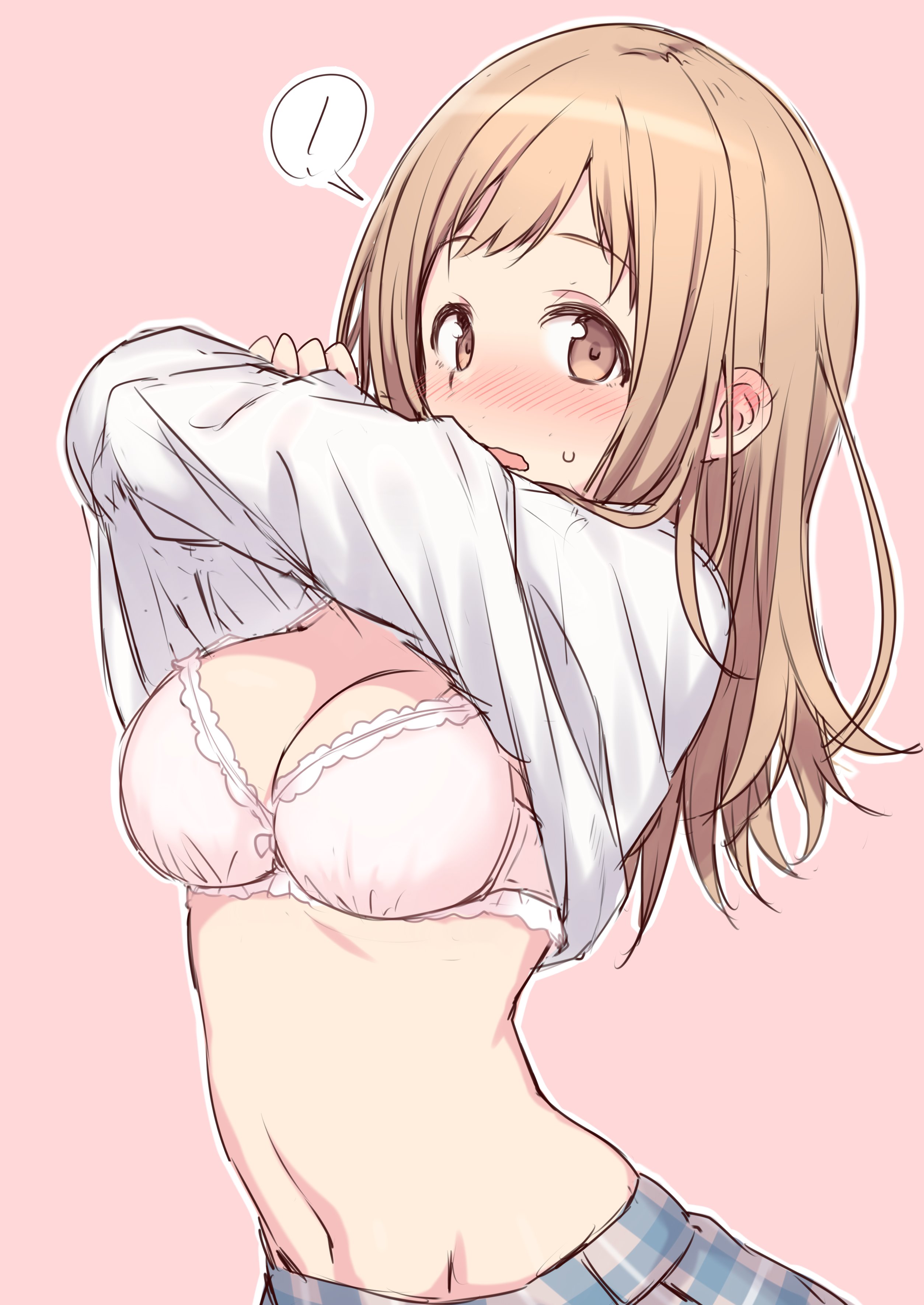bare belly, belly button, big breasts, blush, bra, breasts, brown eyes, brown hair, cleavage, embarrassed, female, groin, hiraga matsuri, idolmaster, idolmaster shiny colors, medium hair, parted lips, pink background, pink bra, sakuragi mano, school uniform, simple background, skirt, sweatdrop, tagme, underwear, undressing, upper body, wavy mouth