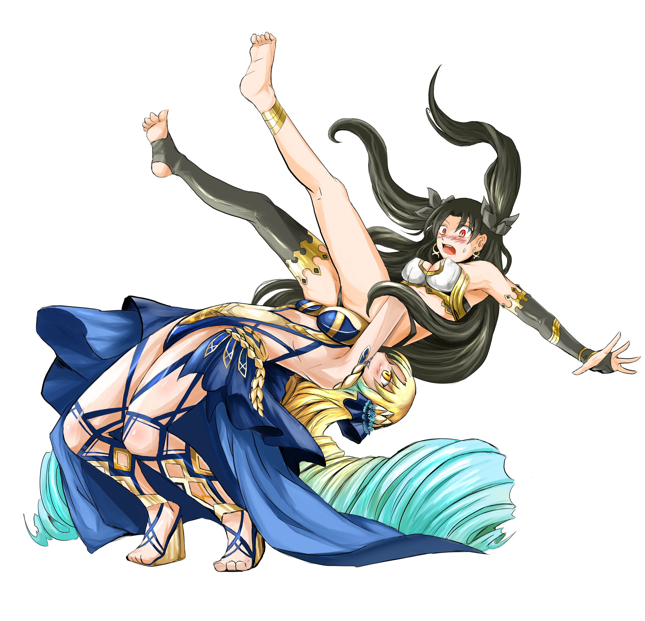 2girls, artist request, astraea (fate), catfight, dropping, fate (series), fate/grand order, feet, female, female only, goddess, ishtar (fate), lifting, luviagelita edelfelt, multiple females, multiple girls, shocked, shocked expression, thighs, tohsaka rin, wrestling, wrestling femdom, wrestlingryona, yuri