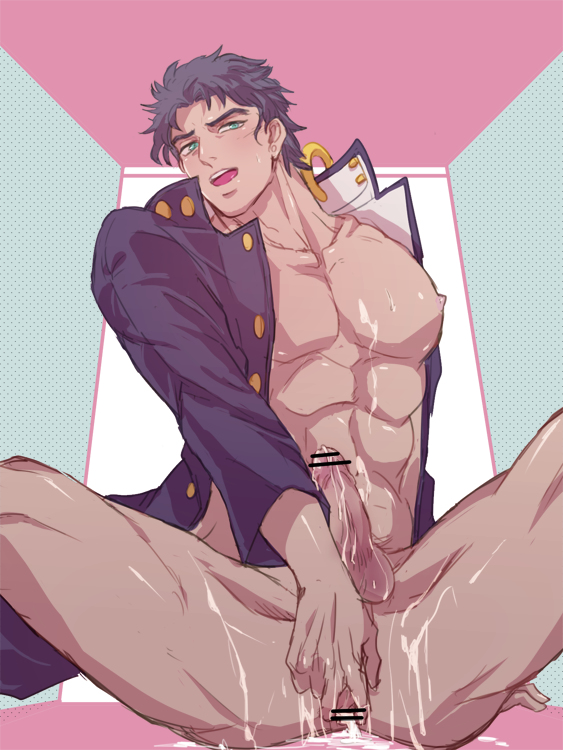 1boy after_sex anal anus bara black_hair cum cum_in_ass cum_on_body erection jojo's_bizarre_adventure jotaro_kujo muscular nipples penis solo spread_anus stardust_crusaders tomasu yaoi