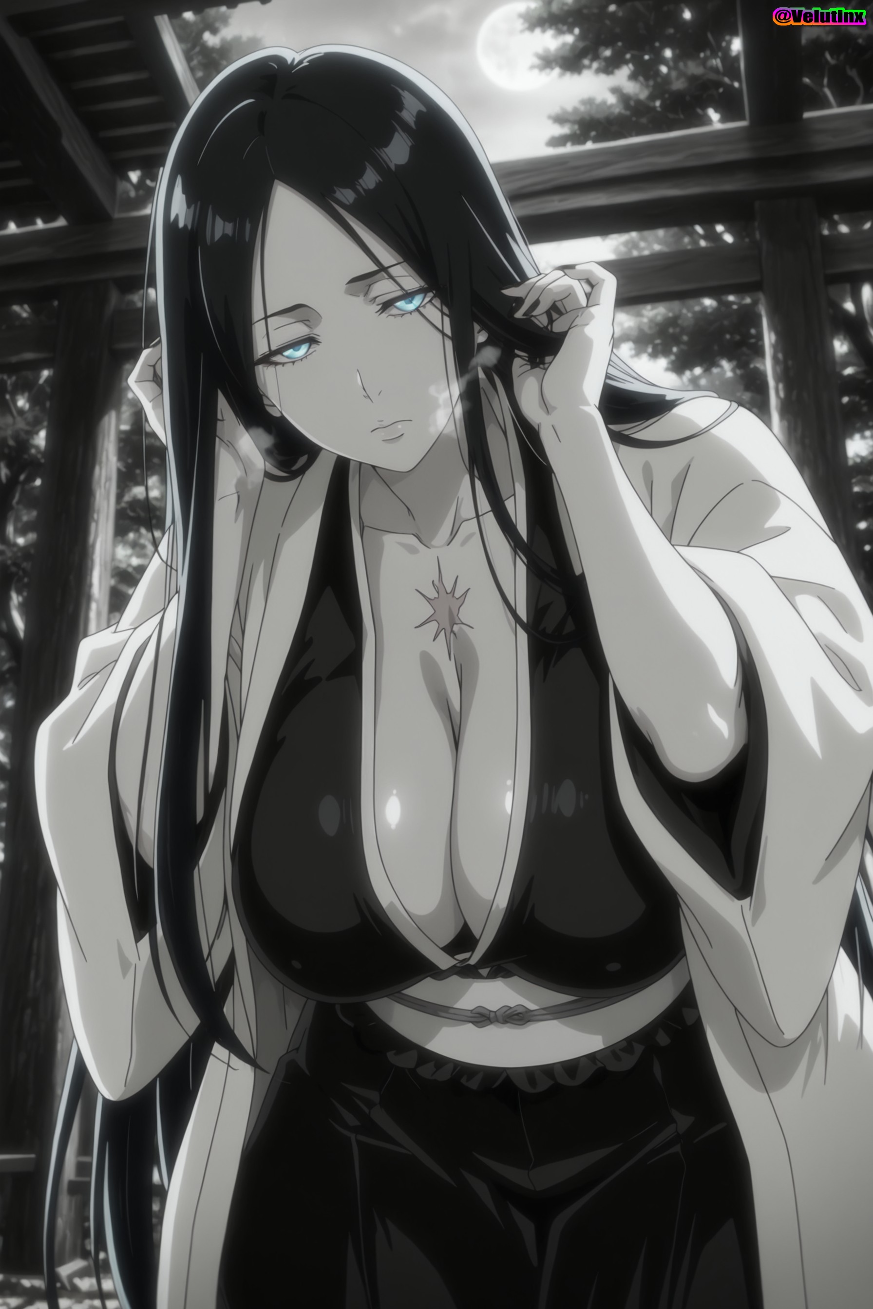 1girls, ai generated, big ass, big breasts, black hair, bleach, blue eyes, child bearing hips, cleavage, close-up, curvaceous, curvy, curvy body, curvy female, curvy figure, curvy hips, female, hair down, hanging breasts, hi res, high quality, high resolution, highres, hourglass figure, huge breasts, huge hips, large breasts, long hair, mature, mature female, paid reward available, parted bangs, scar, shiny skin, skindentation, soft breasts, sweat, sweating, thick thighs, unohana retsu, velutinx, very long hair, voluptuous, voluptuous body, voluptuous female, watermark, wet, wet body, wet clothes, wide hips