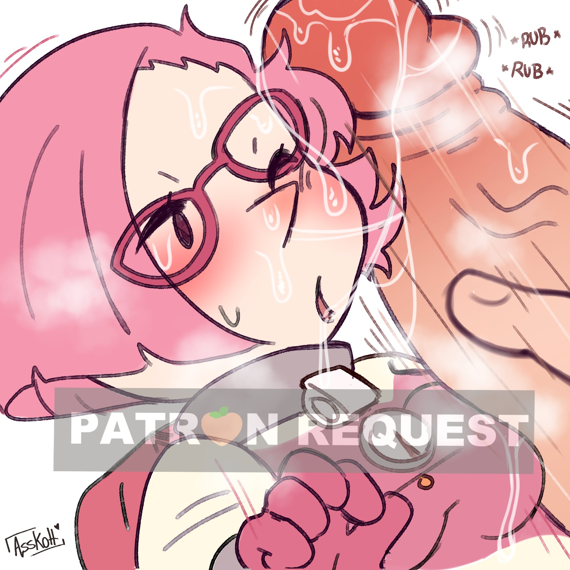 asskoh, blush, breath, breath cloud, brittany (pikmin), english text, eyelashes, fapping, female, frottage, frotting, giant male, glasses, koppaite, male, micro, milkypuff, nintendo, onomatopoeia, penis, pikmin, pikmin 3, pink hair, pointy nose, precum, precum drip, precum on penis, precum string, smaller female, spacesuit, sweat, sweatdrop, sweating