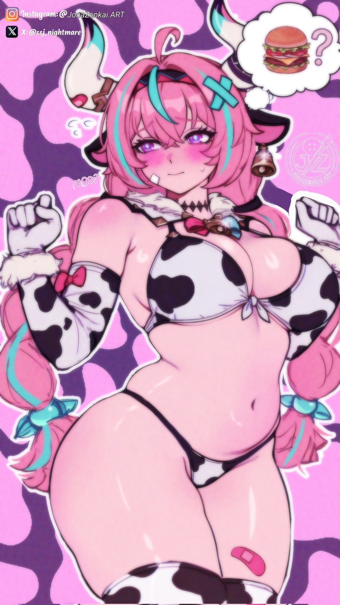 blushing, braid, braided hair, cow ears, cow girl, cow print bikini, digital drawing (artwork), fat female, genshin impact, gokthan, gokthan (artist), pink hair, slightly chubby, slightly chubby female, solo female, varesa (genshin impact)