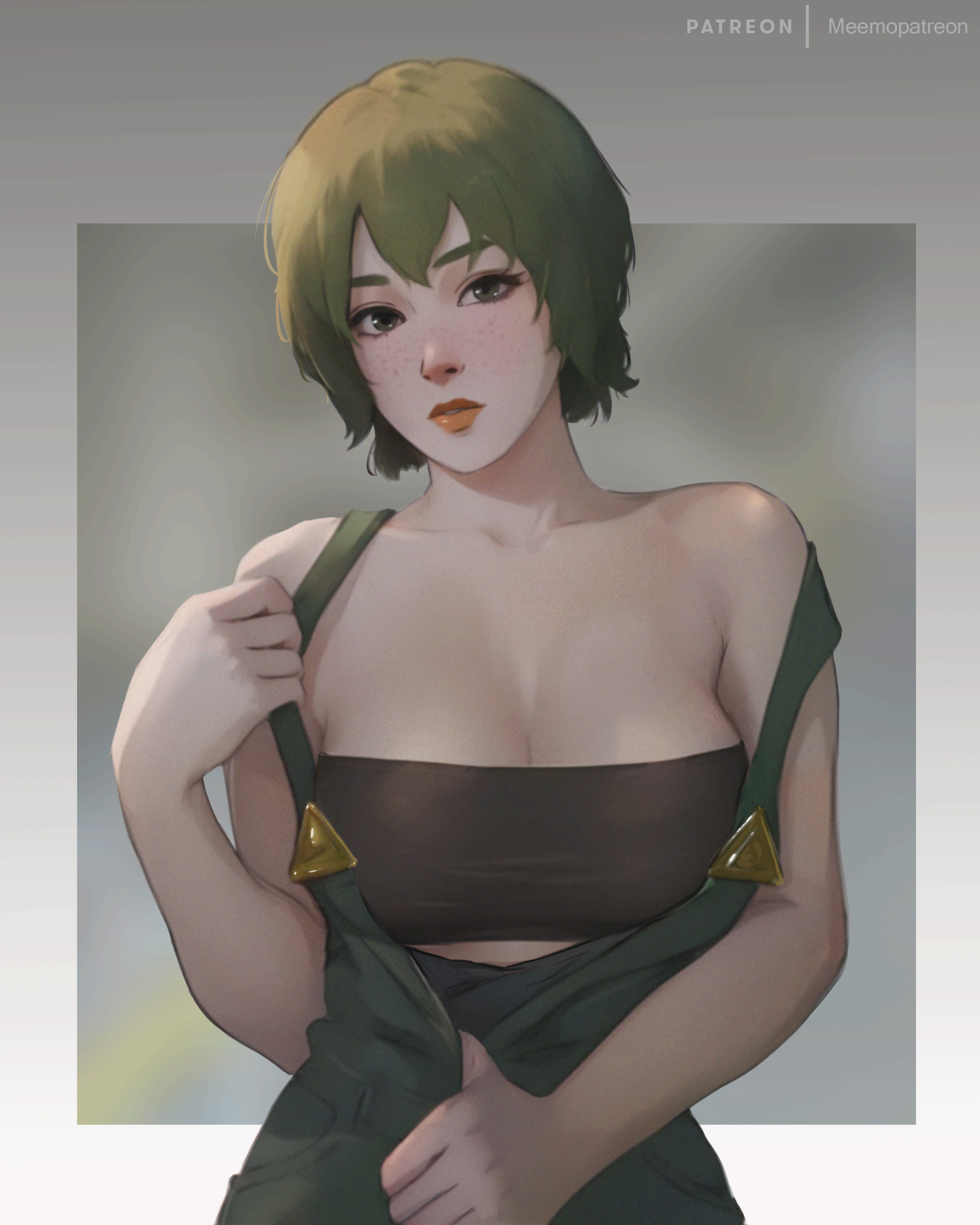 big breasts, bra, breasts, clothed, female, flashing, flashing breasts, foo fighters, green eyes, green hair, jjba, jojo's bizarre adventure, meemo.psd, overalls, patreon, stone ocean