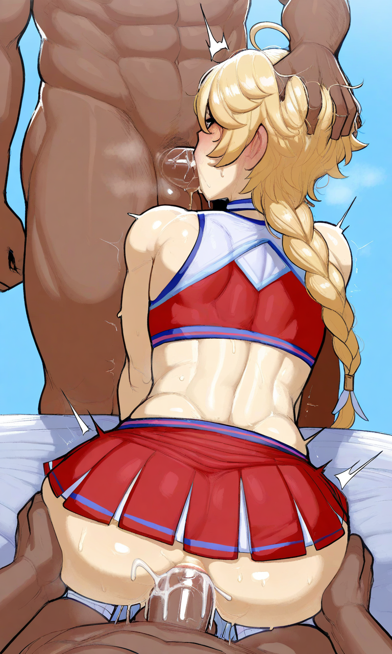3boys, aether (genshin impact), ai generated, anal, anal sex, ass, bed, big ass, blonde hair, blowjob, blue background, braided ponytail, cheerleader uniform, cum, cum in ass, dark skin, dark-skinned male, femboy, genshin impact, hand on another's head, hands on another's ass, head grab, indoors, interracial, light skin, light-skinned male, long hair, male, male on femboy, red skirt, self upload, spitroast, superdomfuta, yaoi
