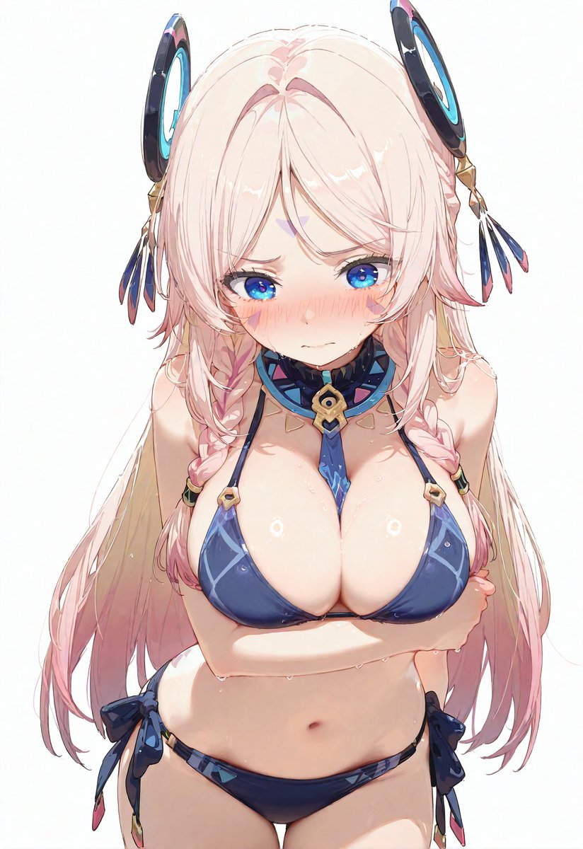ai assisted, ai generated, arm under breasts, arms under breasts, big breasts, bikini, breasts, citlali (genshin impact), embarrassed, female, female only, genshin impact, looking down, pink hair, wet body, wet skin