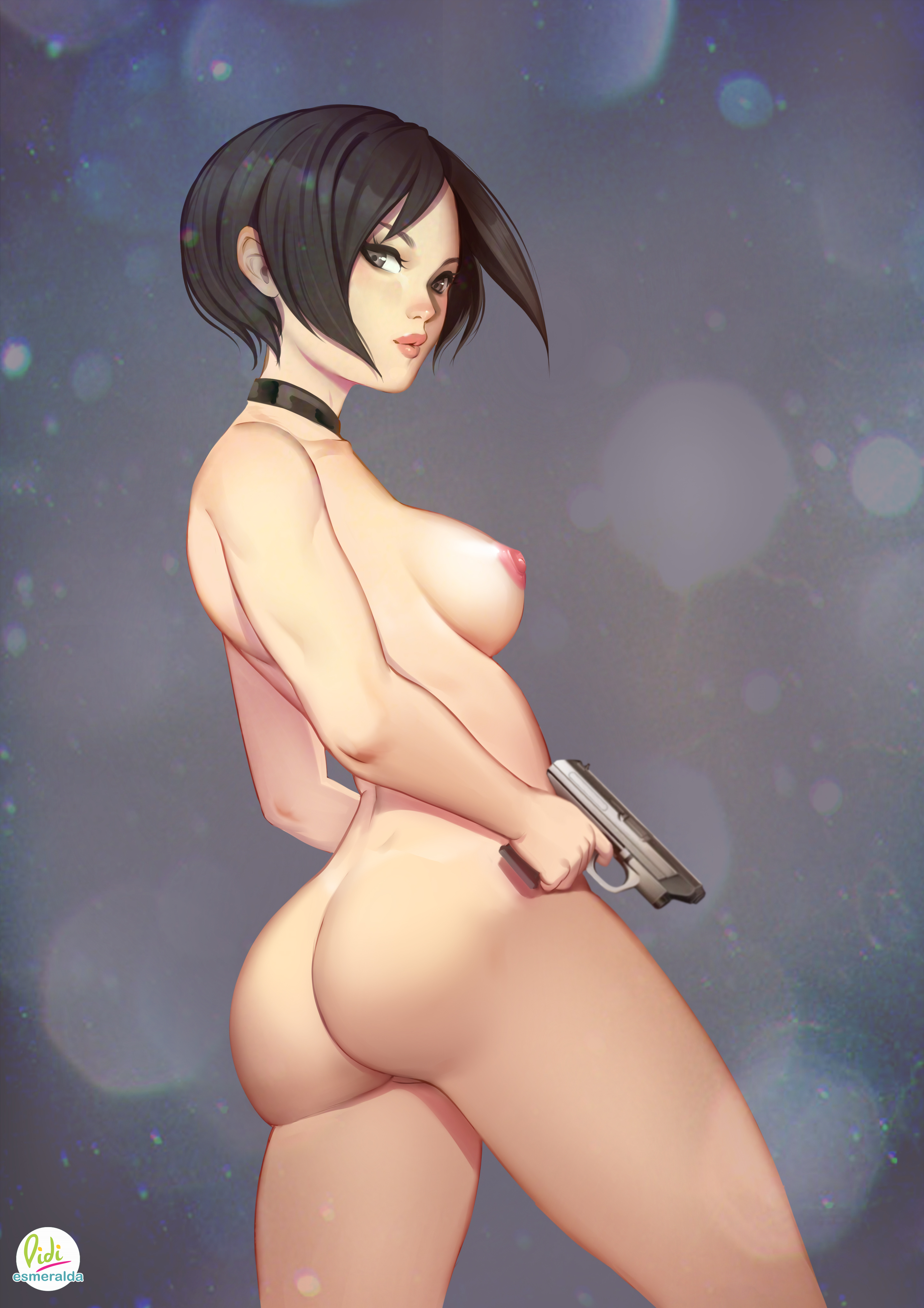 1girls, ada wong, ada wong (adriana), asian, ass, back, black hair, breasts, capcom, didi esmeralda, female, female only, highres, human, naked, nipples, nude, resident evil, resident evil 2, short hair, solo, standing, text, watermark