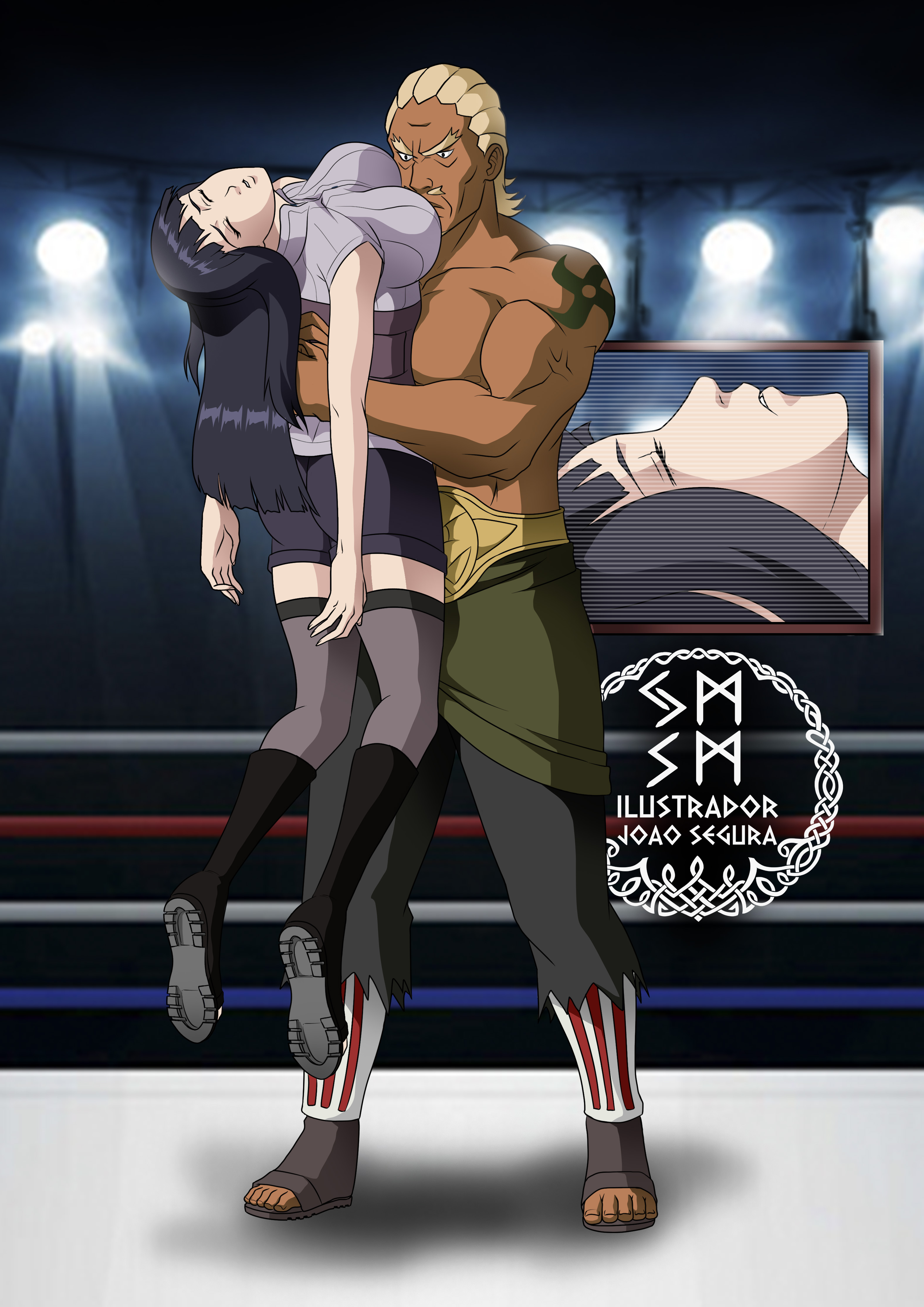 1girls, arms behind back, bearhug, big breasts, breasts, carrying, closed eyes, commission, dangling legs, dark skin, dark-skinned male, female, furrowed brow, huge breasts, hyuuga hinata, interracial, knocked out, male, maledom, naruto, naruto (series), older male, older male and younger female, raikage, ryona, teenager, teeth showing, tv screen, unconscious, wrestling, wrestling ring, younger female