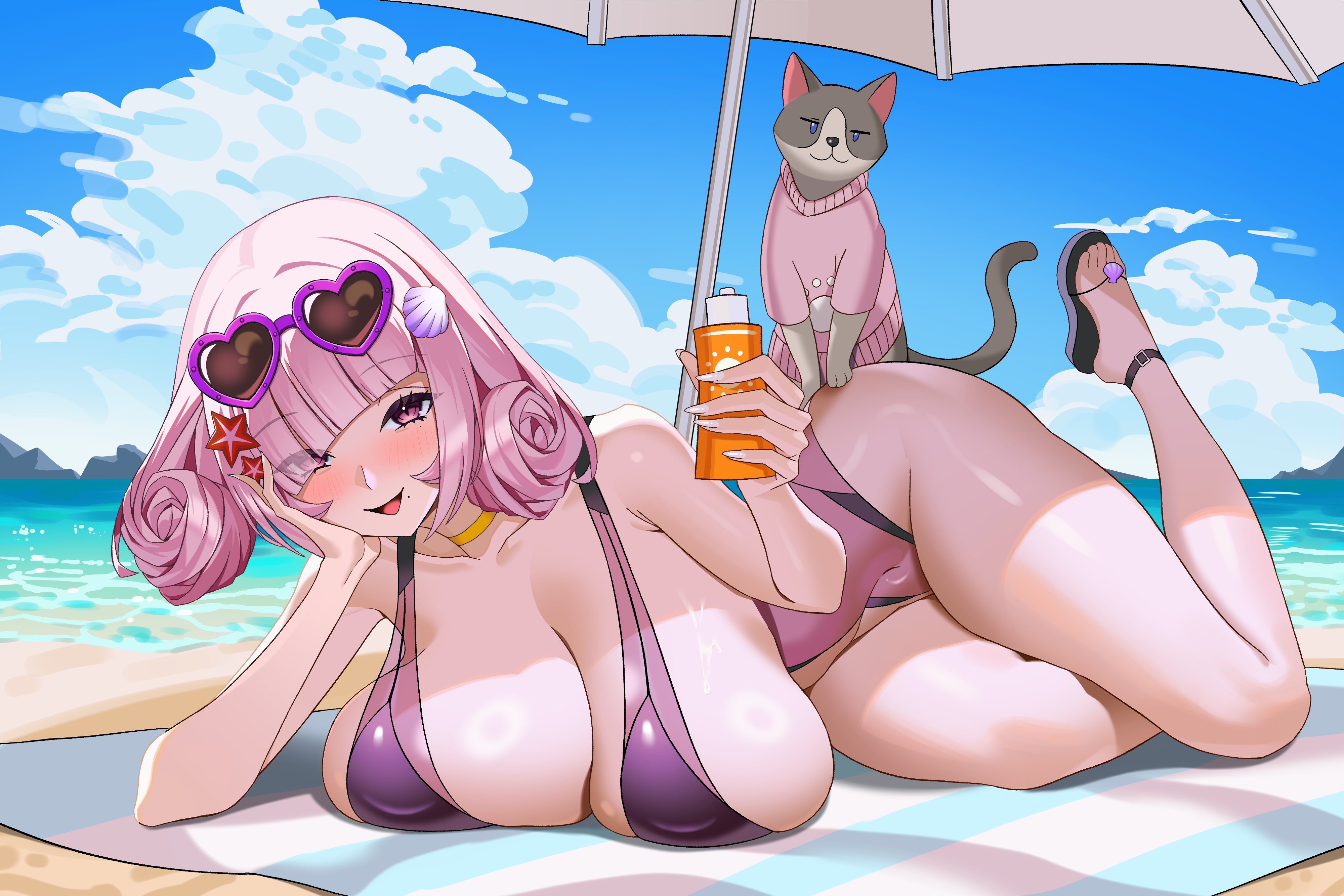 big breasts, breasts, curly hair, feet, feline, female, kurameki kyou, kuramekira, laying down, legs up, one-piece swimsuit, pink hair, saggy breasts, sandals, squished breasts, sunglasses, sunscreen, swimsuit, virtual youtuber