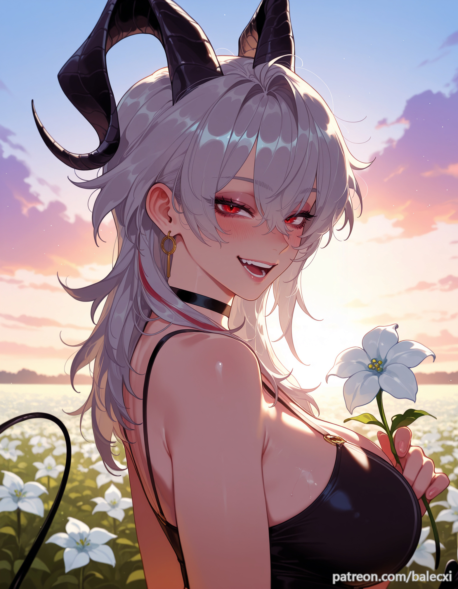 ai generated, balecxi, black choker, blush, breasts, demon tail, earrings, female, flower field, from side, grey hair, hair between eyes, holding, holding flower, horns, jewelry, large breasts, long hair, looking at viewer, multicolored hair, open mouth, outdoors, red eyes, sky, smile, solo, sunset, upper body, white flower, wuthering waves, zani (wuthering waves)